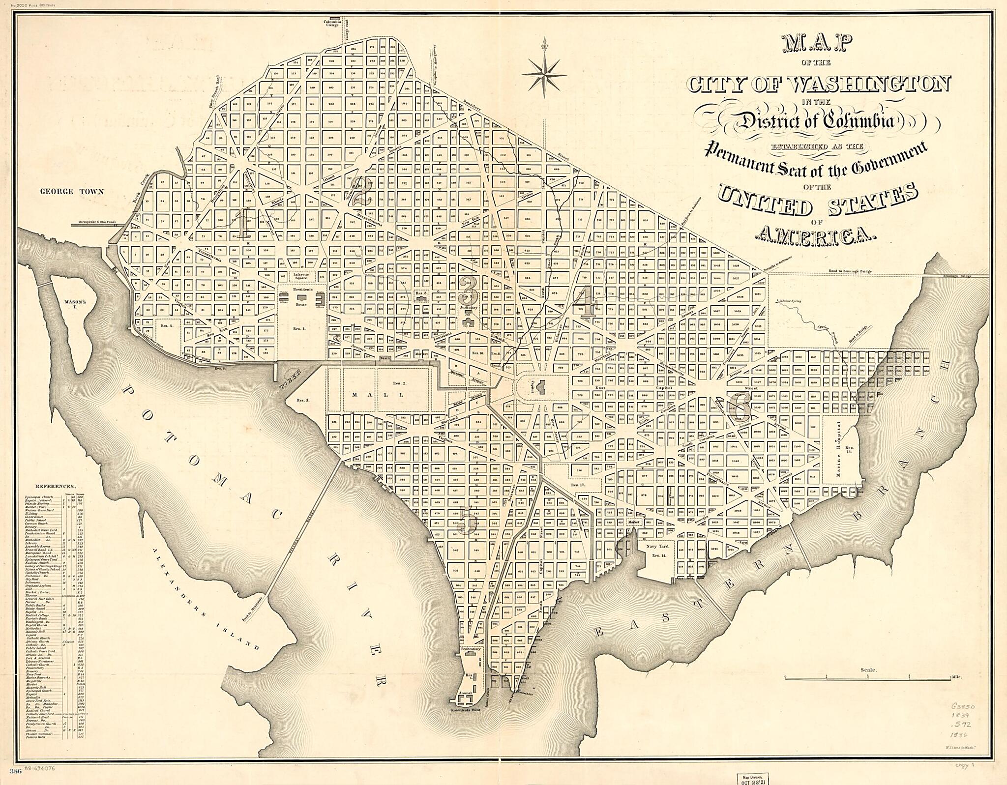 This old map of Map of the City of Washington In the District of Columbia : Established As the Permanent Seat of the Government of the United States of America from 1839 was created by William James Stone, U.S. Coast and Geodetic Survey in 1839