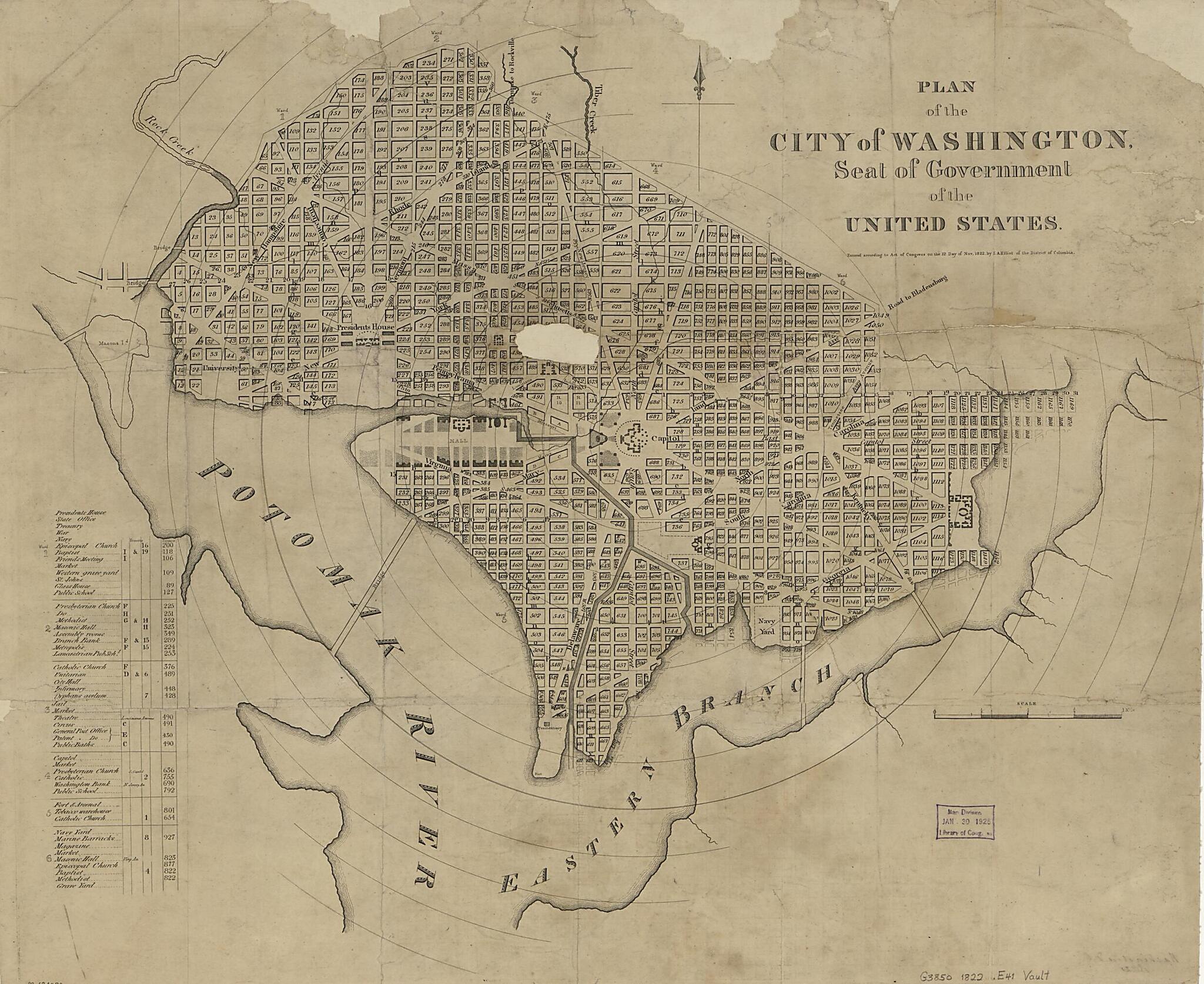 This old map of Plan of the City of Washington : Seat of Government of the United States from 1822 was created by S. Alfred Elliot, William Elliot in 1822
