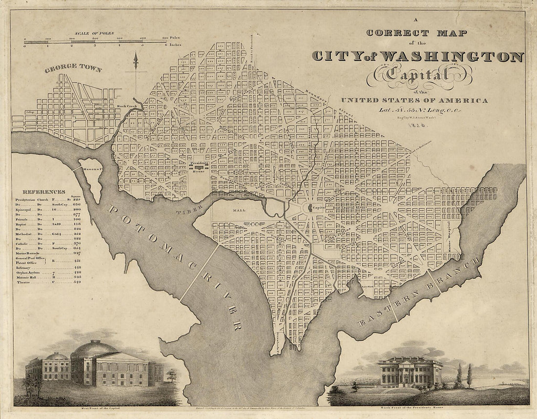 This old map of A Correct Map of the City of Washington : Capital of the United States of America : Lat. 38.53 N., Long. 0.0 from 1820 was created by Davis & Force, Peter Force, William James Stone in 1820
