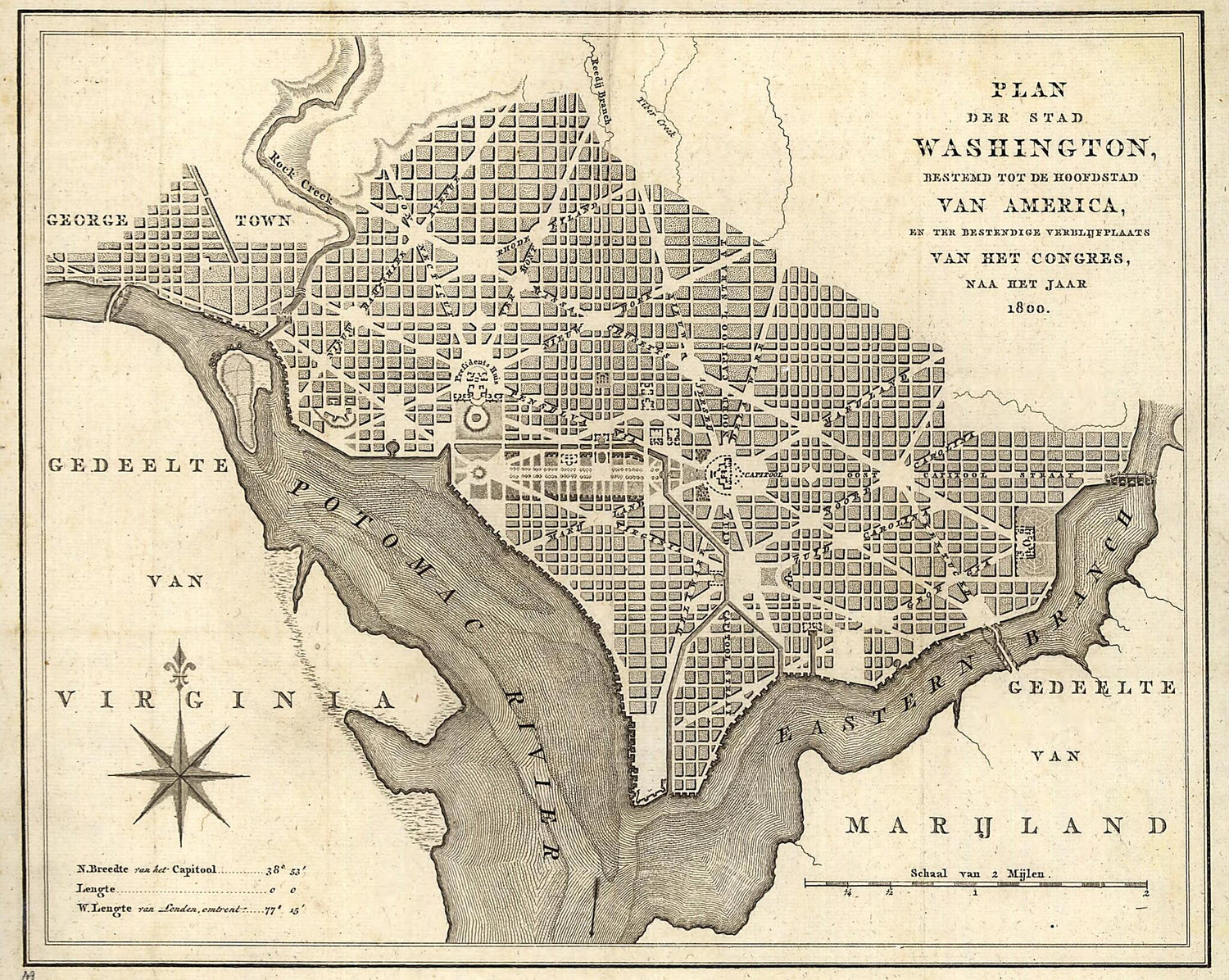 This old map of Plan Der Stad Washington : Bestemd Tot De Hoofdstad Van America, En Ter Bestendige Verblijfplaats Van Het Congres, Naa Het Jaar 1800 from 1793 was created by A. Van Der Kroe in 1793