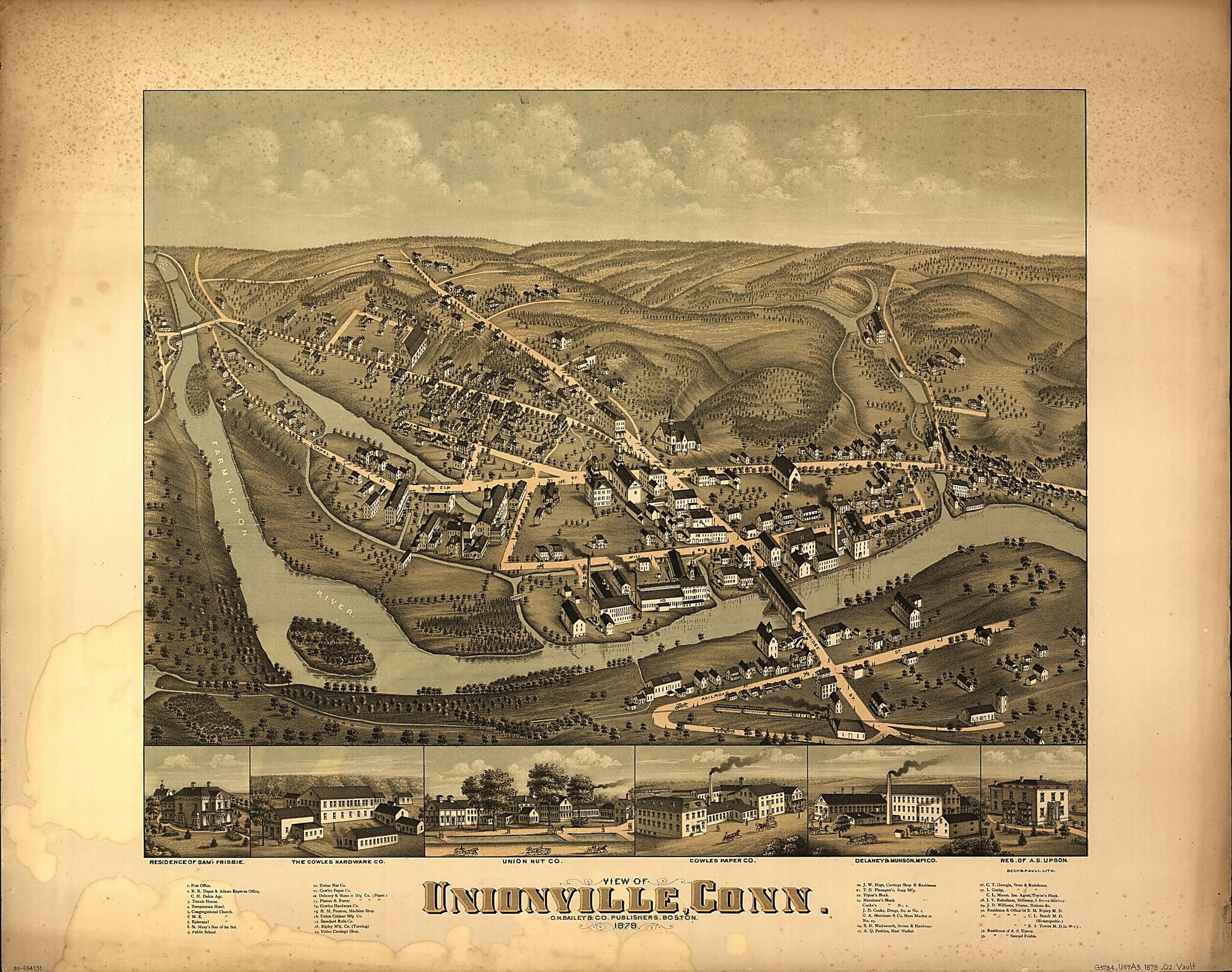 This old map of View of Unionville, Connecticut from 1878 was created by Beck & Pauli, O.H. Bailey & Co in 1878