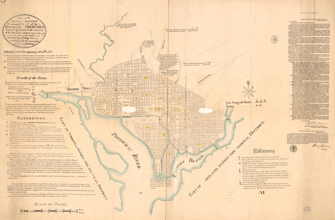 This old map of Plan of the City Intended for the Permanent Seat of the Government of The United States : Projected Agreeable to the Direction of the President of the United States, In Pursuance of an Act of Congress Passed the Sixteenth Day of July, MDC