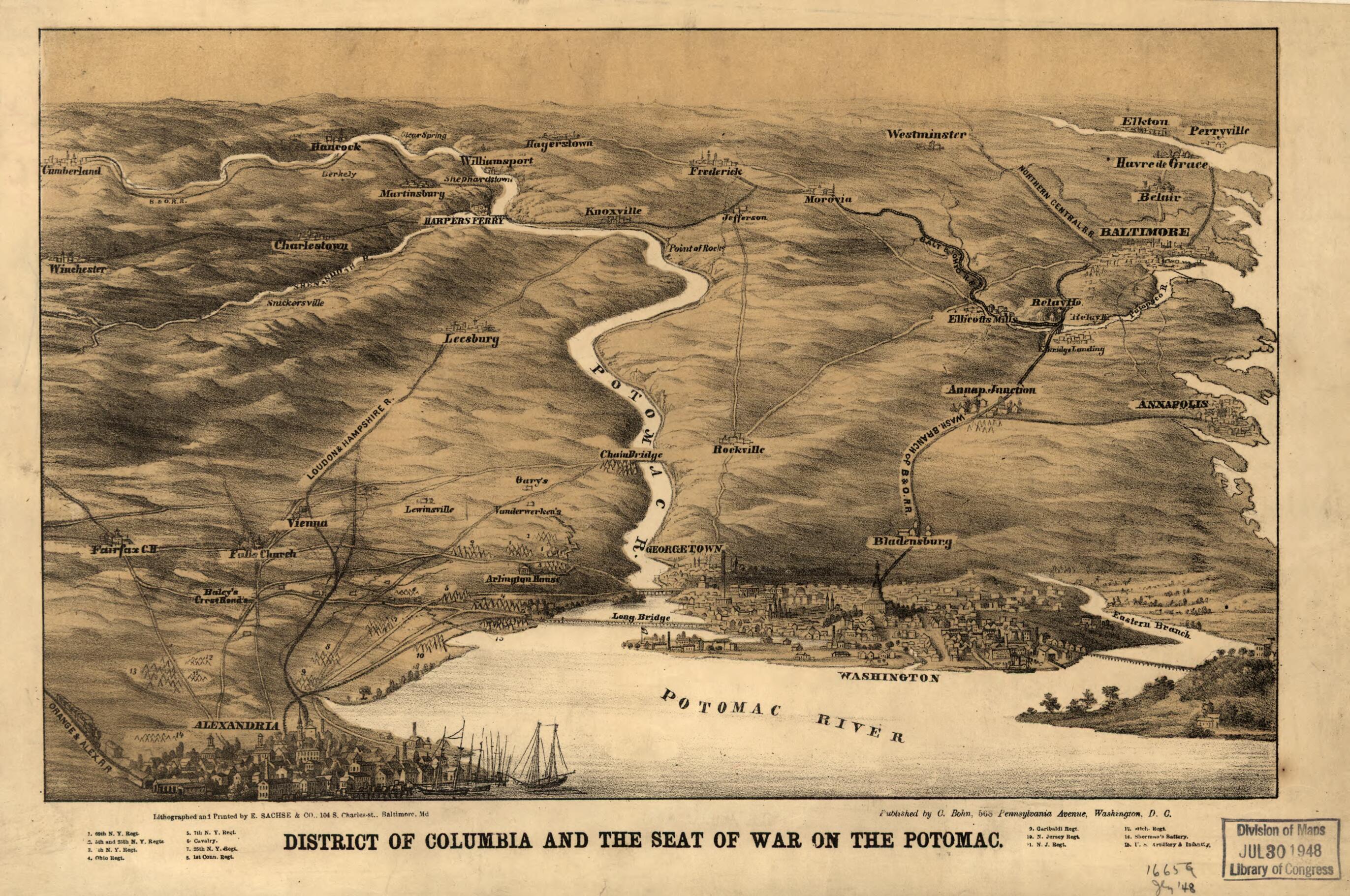This old map of District of Columbia and the Seat of War On the Potomac from 1861 was created by Casimir Bohn, E. Sachse & Co in 1861