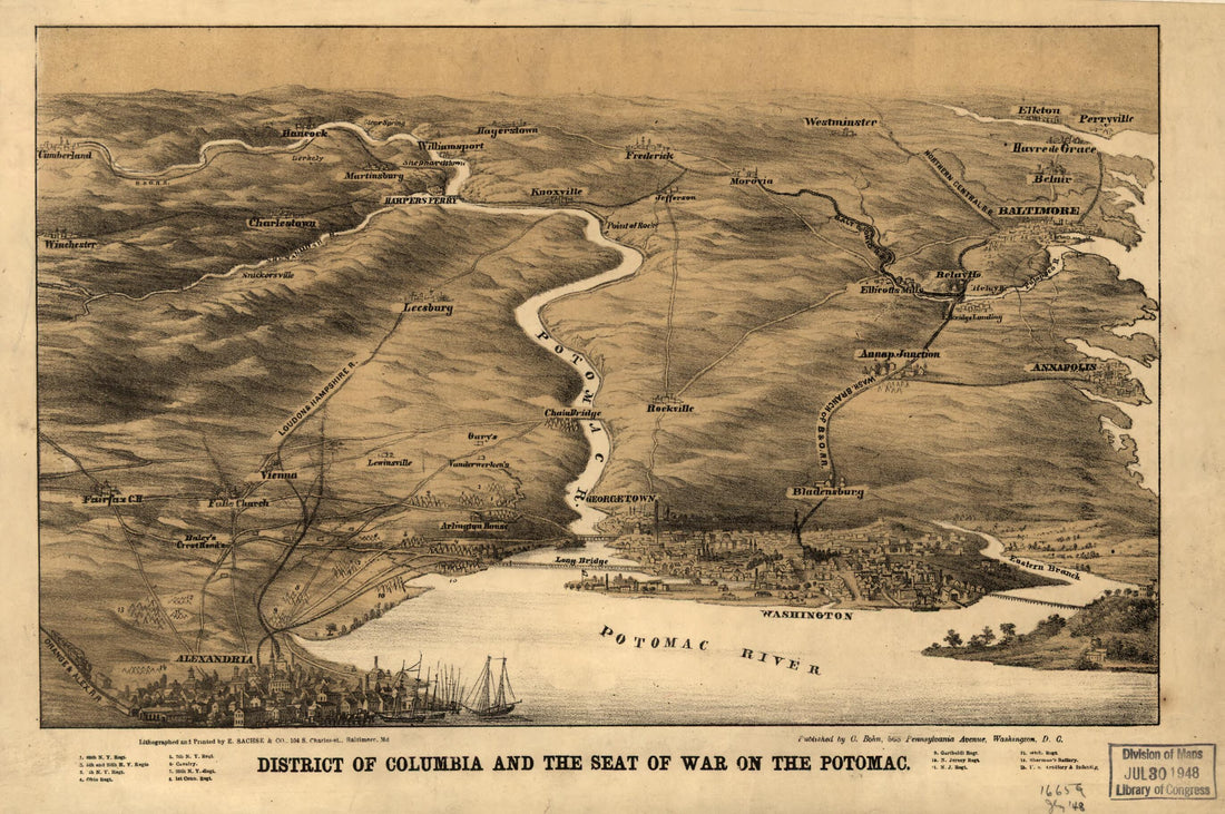 This old map of District of Columbia and the Seat of War On the Potomac from 1861 was created by Casimir Bohn, E. Sachse & Co in 1861