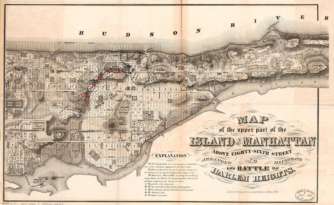 This old map of Sixth Street Arranged to Illustrate the Battle of Harlem Heights from 1776 was created by Noel Francis Parrish, Joseph Shannon, W.C. Rogers & Co in 1776