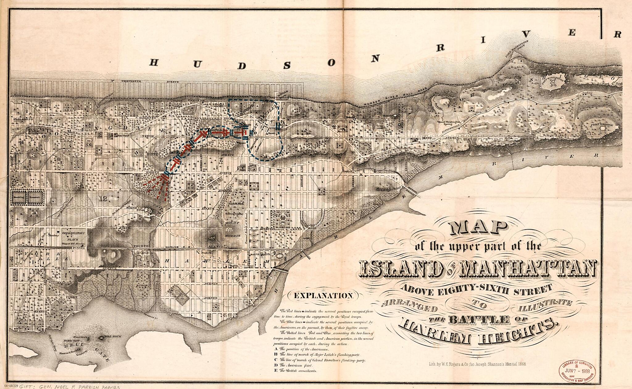 This old map of Sixth Street Arranged to Illustrate the Battle of Harlem Heights from 1776 was created by Noel Francis Parrish, Joseph Shannon, W.C. Rogers & Co in 1776