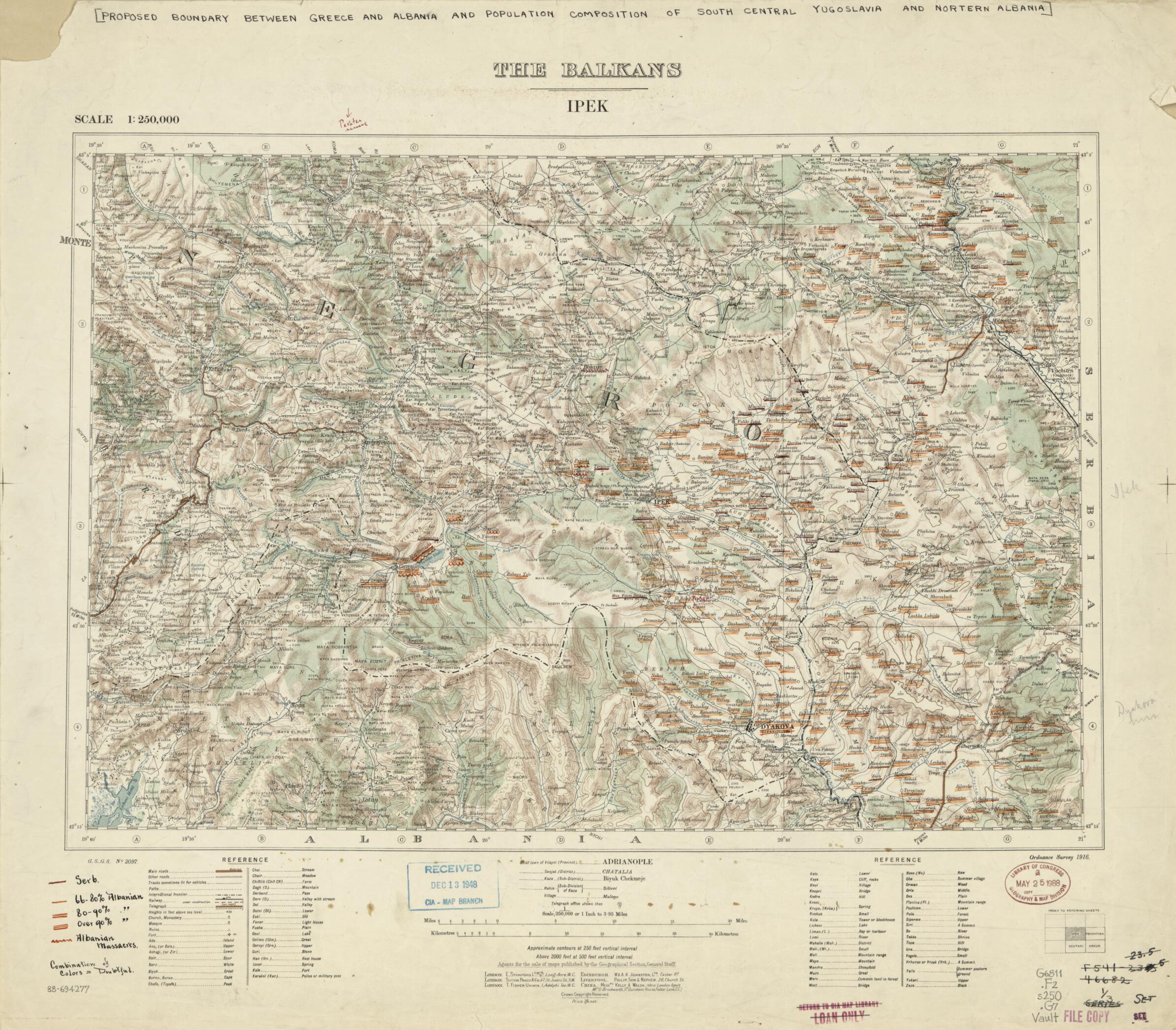 This old map of Proposed Boundary Between Greece and Albania and Population Composition of South Central Yugoslavia and Northern Albania from 1915 was created by Great Britain. Ordnance Survey, Great Britain. War Office. General Staff. Geographical Section in 1915