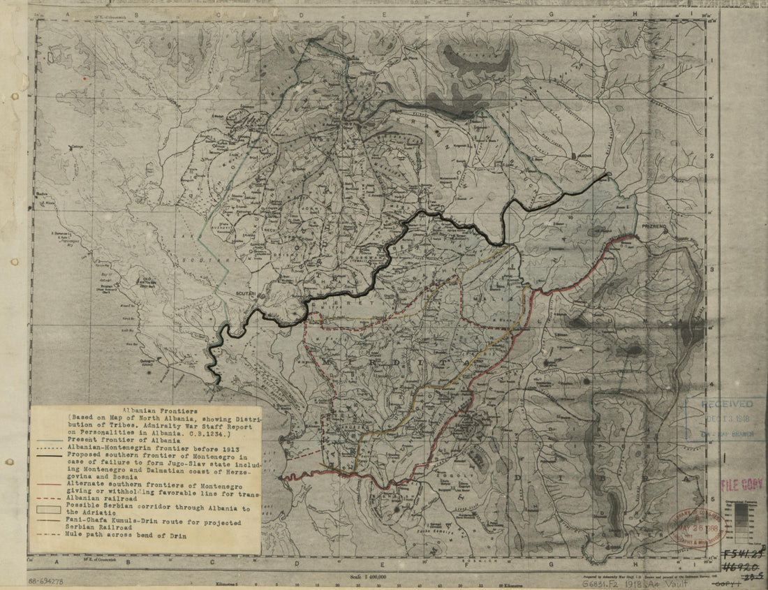 This old map of Albanian Frontiers from 1918 was created by Great Britain. Admiralty War Staff, Great Britain. Ordnance Survey in 1918