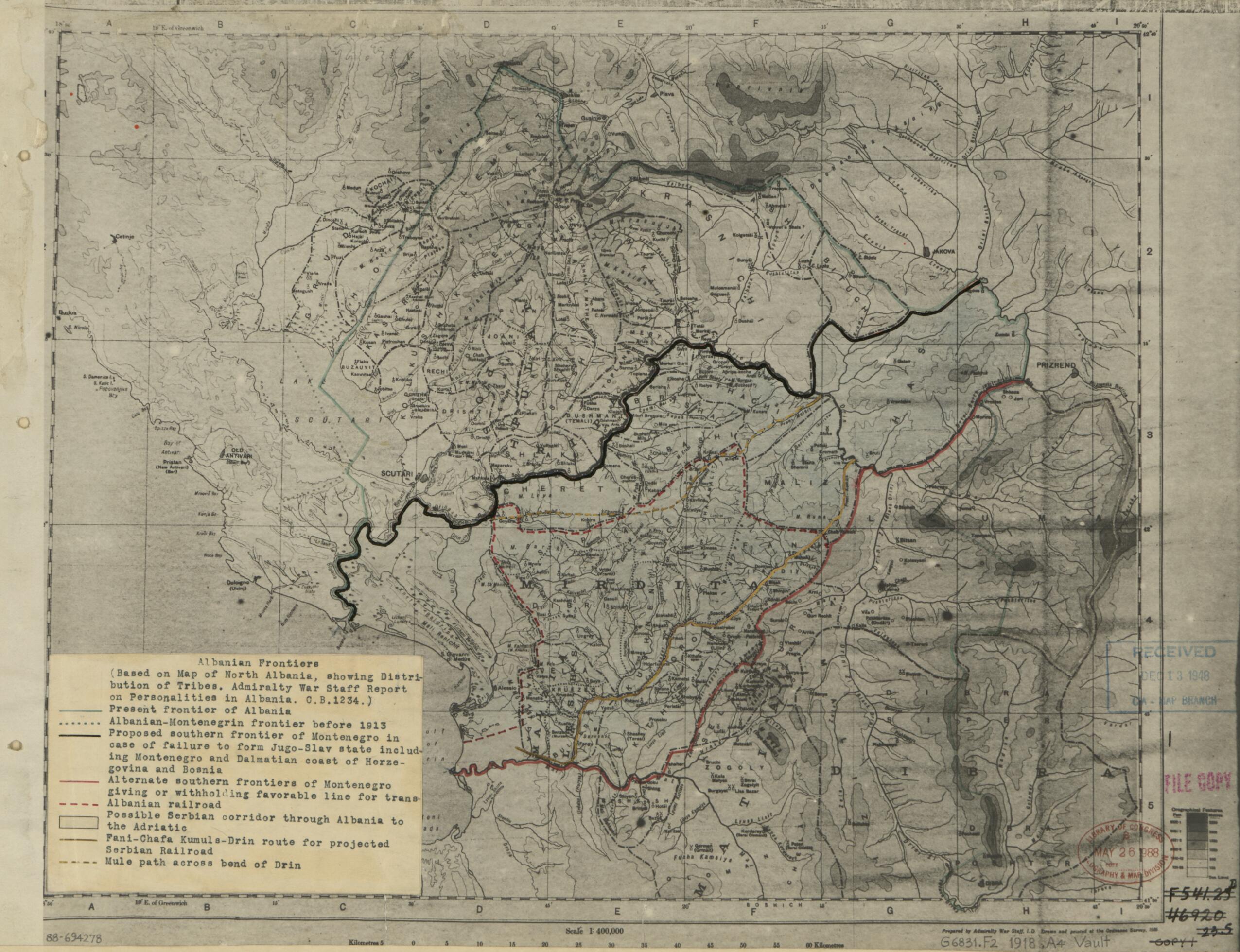 This old map of Albanian Frontiers from 1918 was created by Great Britain. Admiralty War Staff, Great Britain. Ordnance Survey in 1918