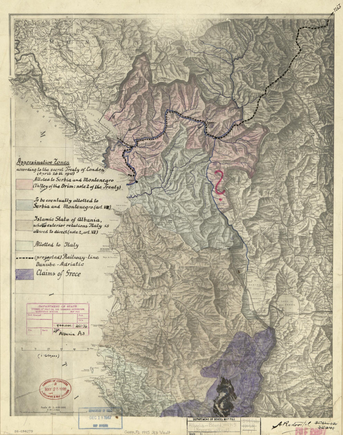 This old map of Approximative Zones According to the Secret Treaty of London (April 26th from 1915) : Albania was created by A. (André) Radovitch in 1915