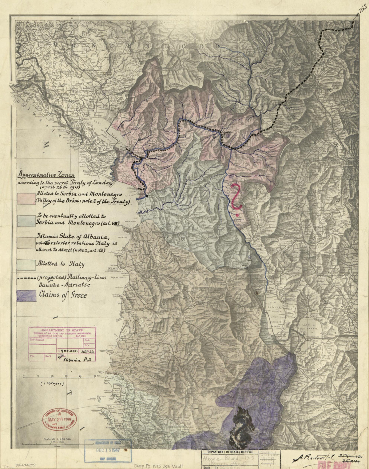 Approximative Zones According to the Secret Treaty of London (April 26th 1915) : Albania by Relic Map Company