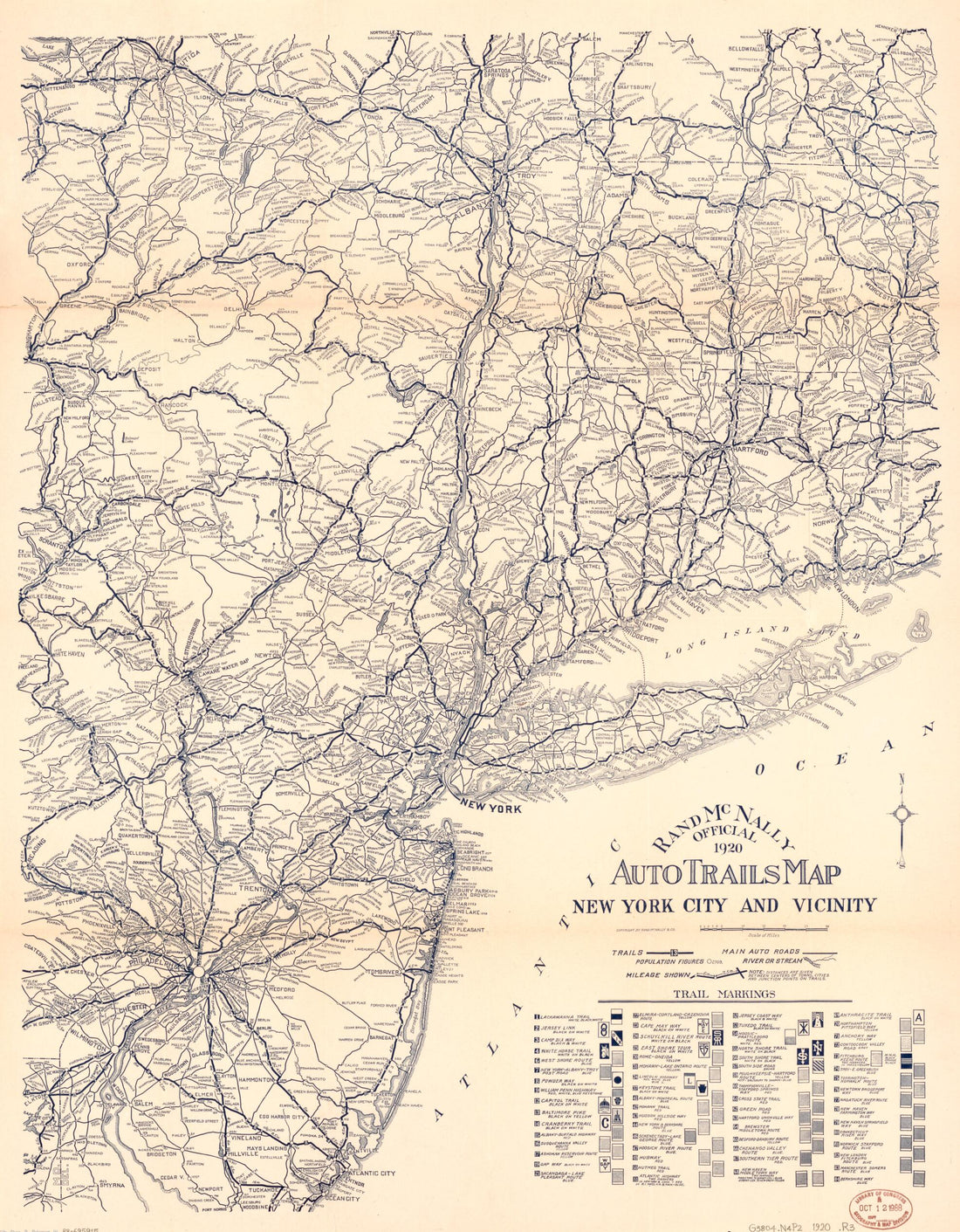 This old map of Rand McNally Official from 1920 Auto Trails Map, New York City and Vicinity was created by Rand McNally and Company in 1920
