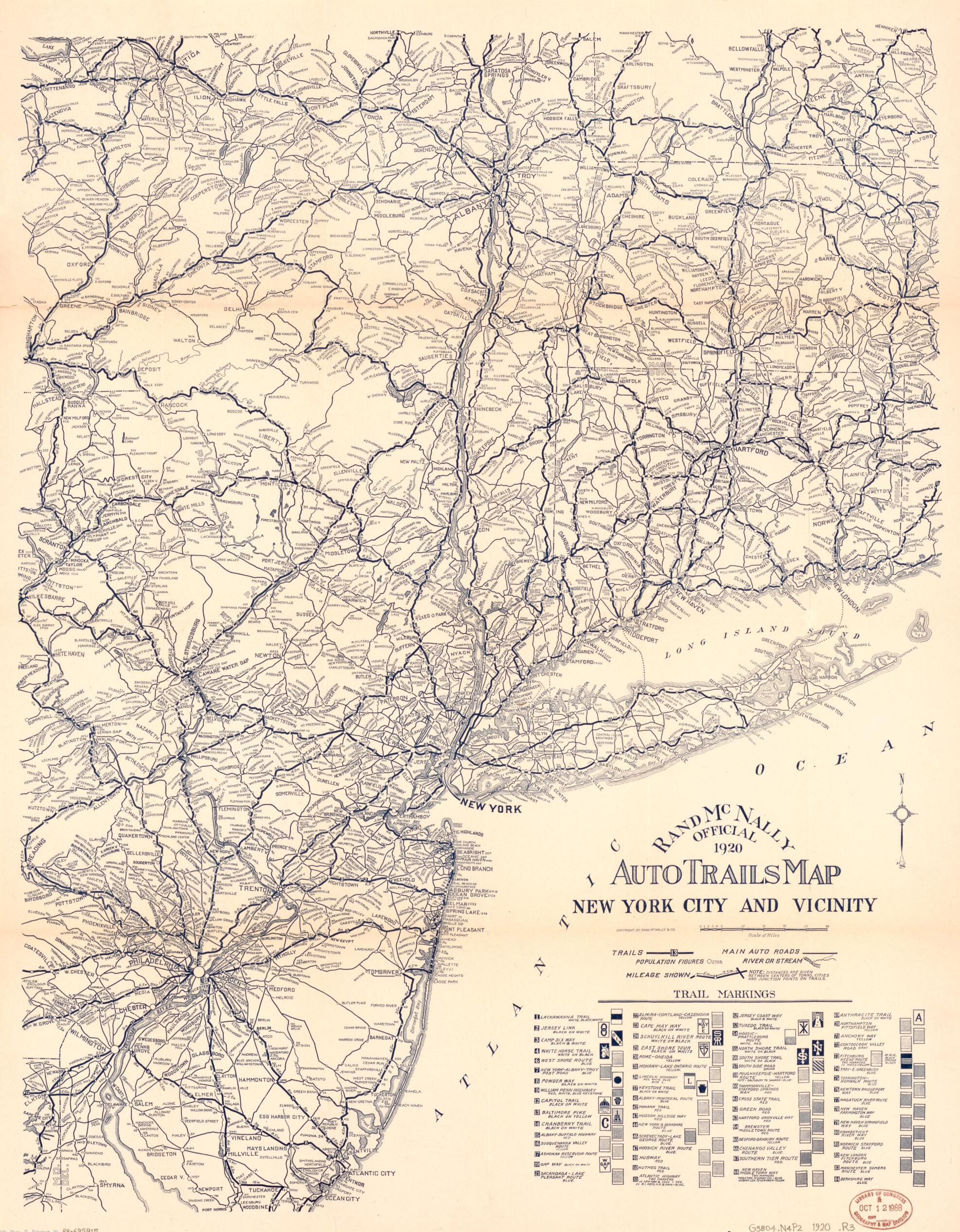This old map of Rand McNally Official from 1920 Auto Trails Map, New York City and Vicinity was created by Rand McNally and Company in 1920