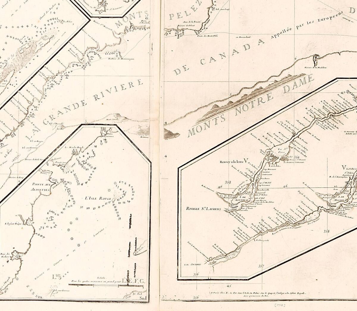 This old map of De La Grande Rivière De Canada : Appellée Par Les Europeens De St. Laurens from 1715 was created by J. F. (Jacques François) Bénard,  Deshayes, Nicolas De Fer in 1715