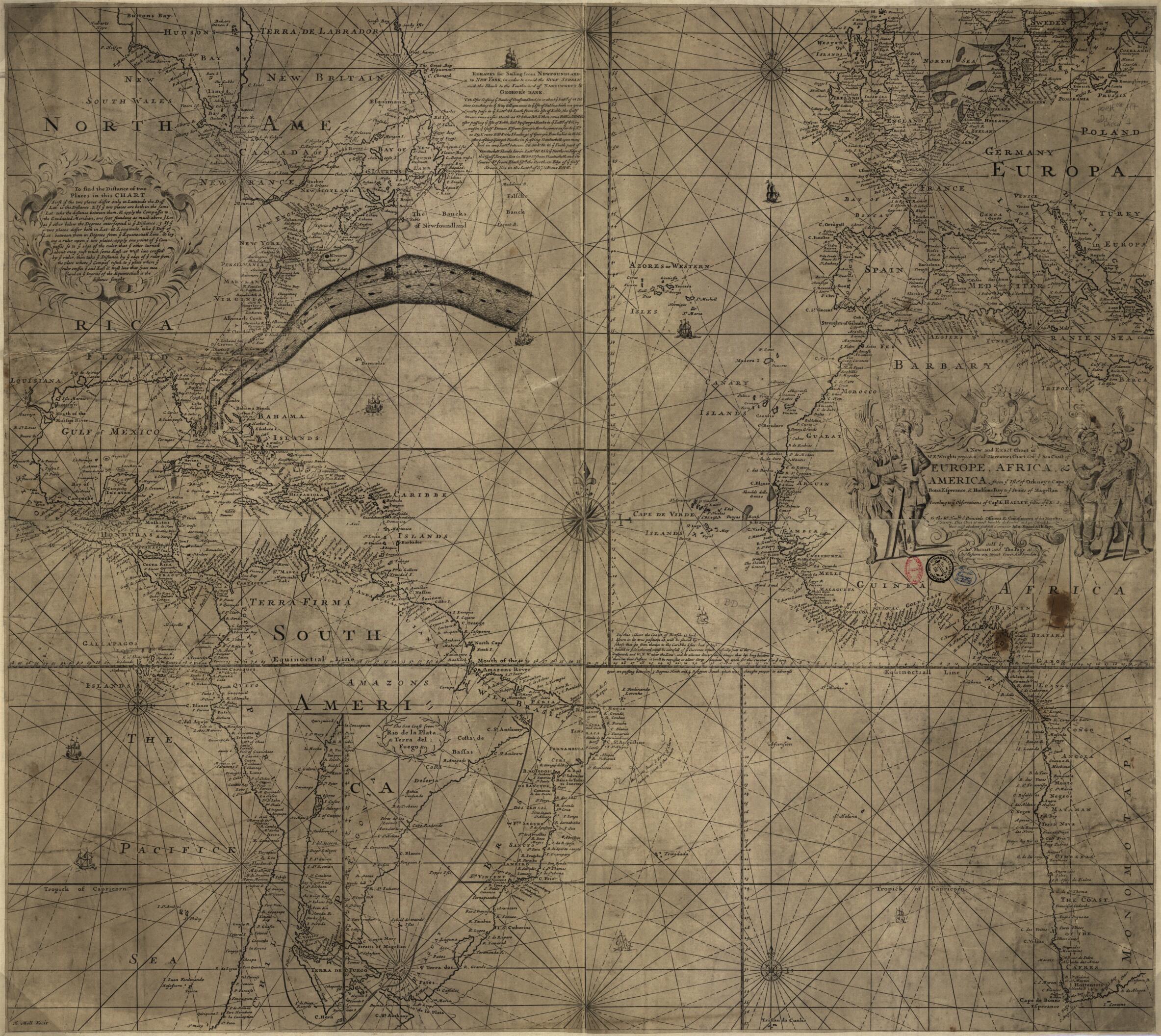 This old map of Folger Chart of the Gulf Stream from 1768 was created by Timothy Folger, Benjamin Franklin, Edmond Halley, Jno. Mount and Tho. Page, Herman Moll, Edward Wright in 1768