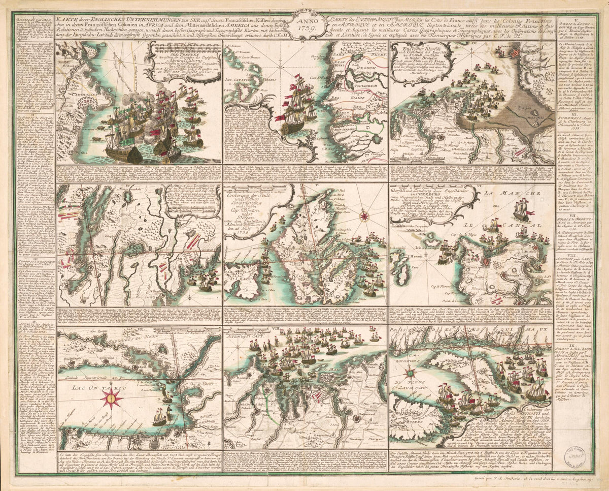Karte Derer Englischen Unternehmungen Zur See Auf Denen Französischen Küsten Desgleichen In Denen Französischen Colonien In Africa Und Dem Mitternæchtlichen America : Aus Denen Beste Relationen U. Bosondern Nachrichten Gezogen ... U. Mit Historisc... by Relic Map Company