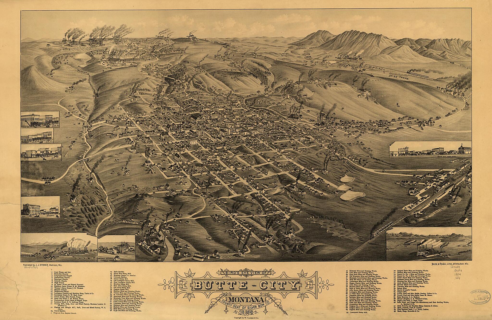 This old map of City, Montana, County Seat of Silver Bow County, from 1884 was created by Beck & Pauli, J. J. Stoner, W. Coleman & Co, H. (Henry) Wellge in 1884