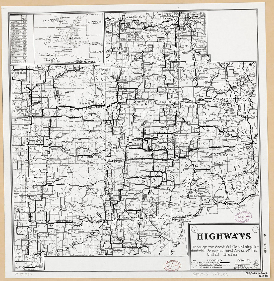 This old map of Highways Through the Great Oil, Gas, Mining, Industrial & Agricultural Areas of the United States from 1923 was created by F. W. (Floyd William) Robson in 1923