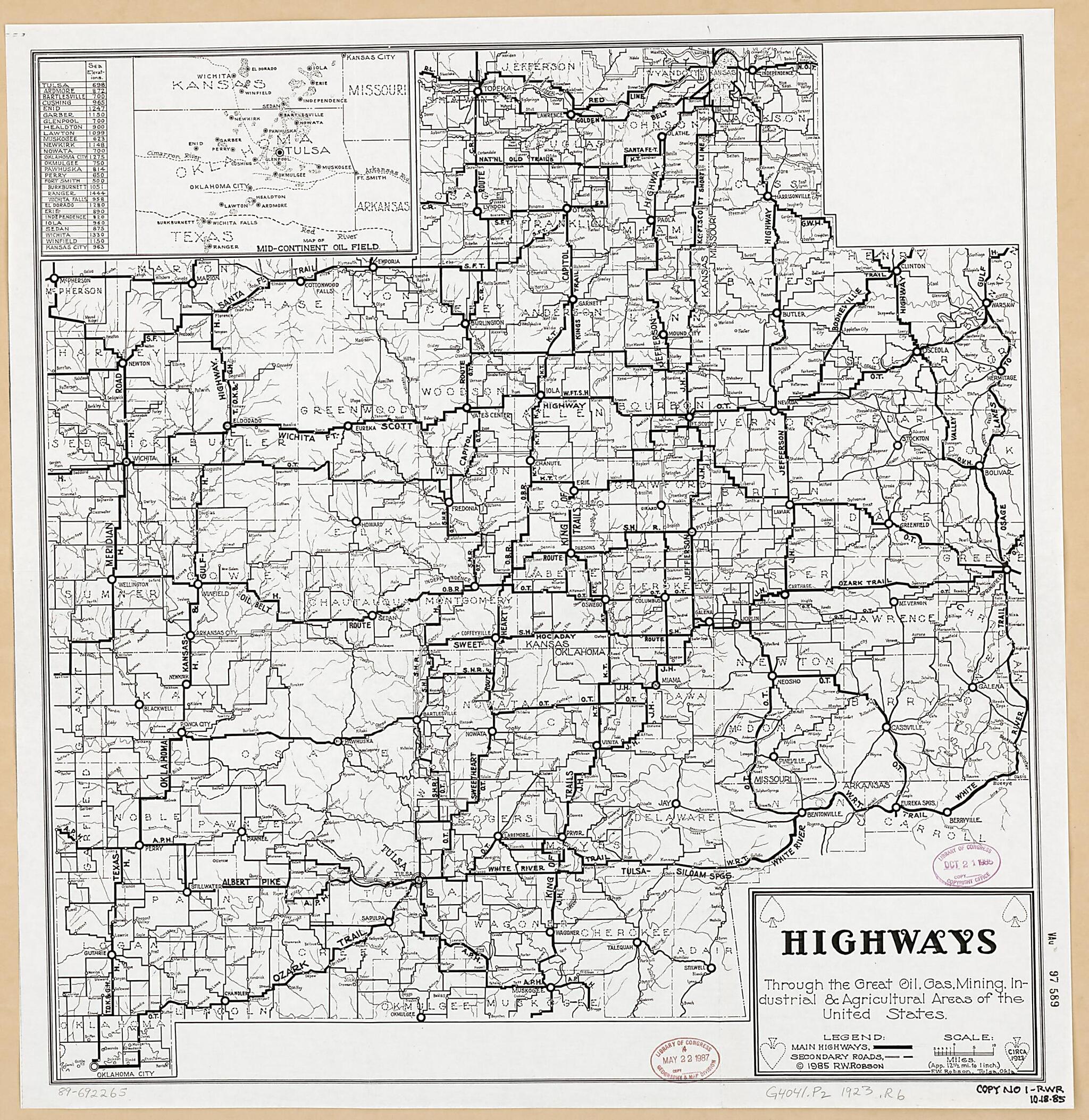 This old map of Highways Through the Great Oil, Gas, Mining, Industrial & Agricultural Areas of the United States from 1923 was created by F. W. (Floyd William) Robson in 1923