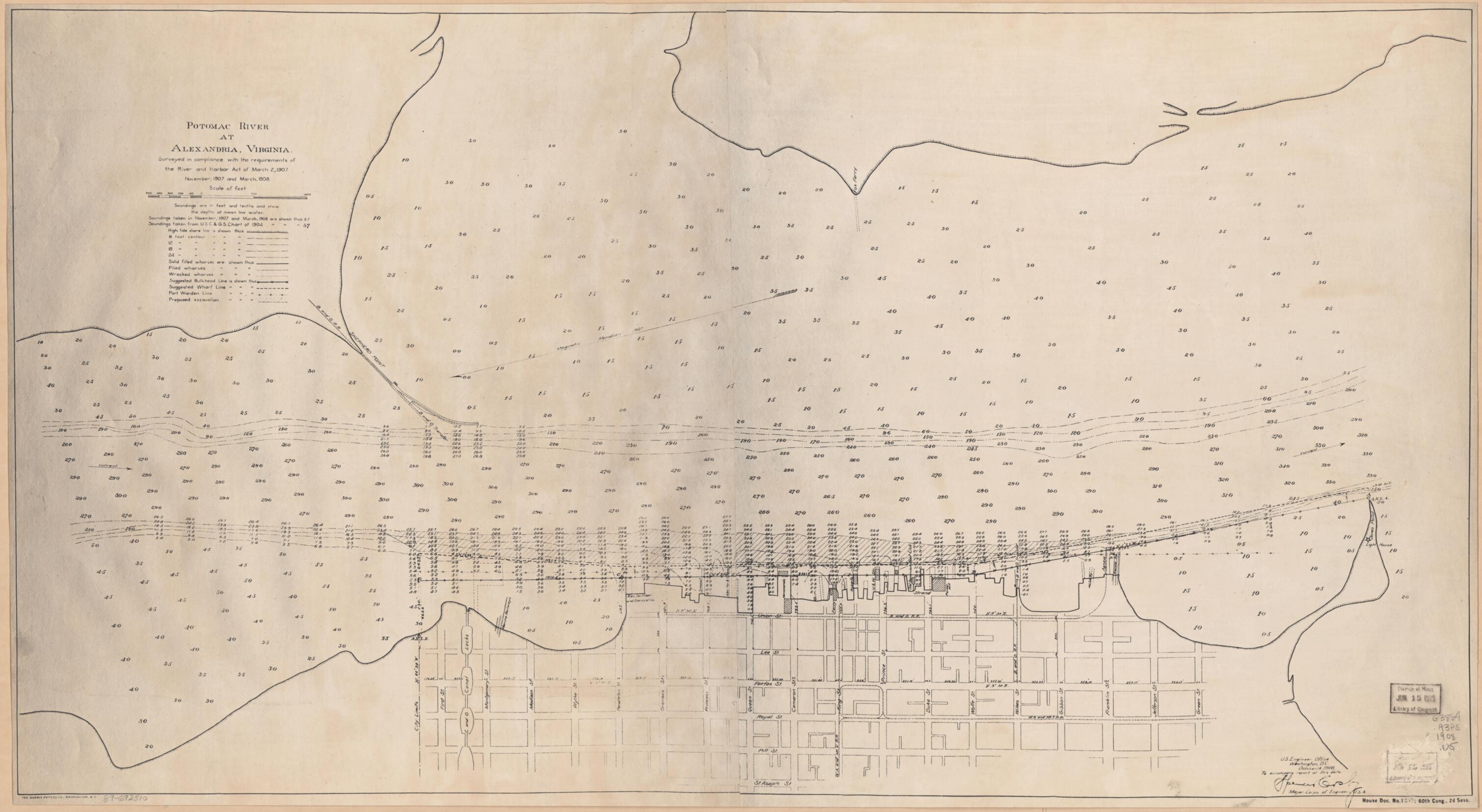 This old map of Potomac River at Alexandria, Virginia : Surveyed In Compliance With the Requirements of the River and Harbor Act of March 2, 1907, November 1907 and March from 1908 was created by Spencer Cosby, United States. Army. Corps of Engineers in