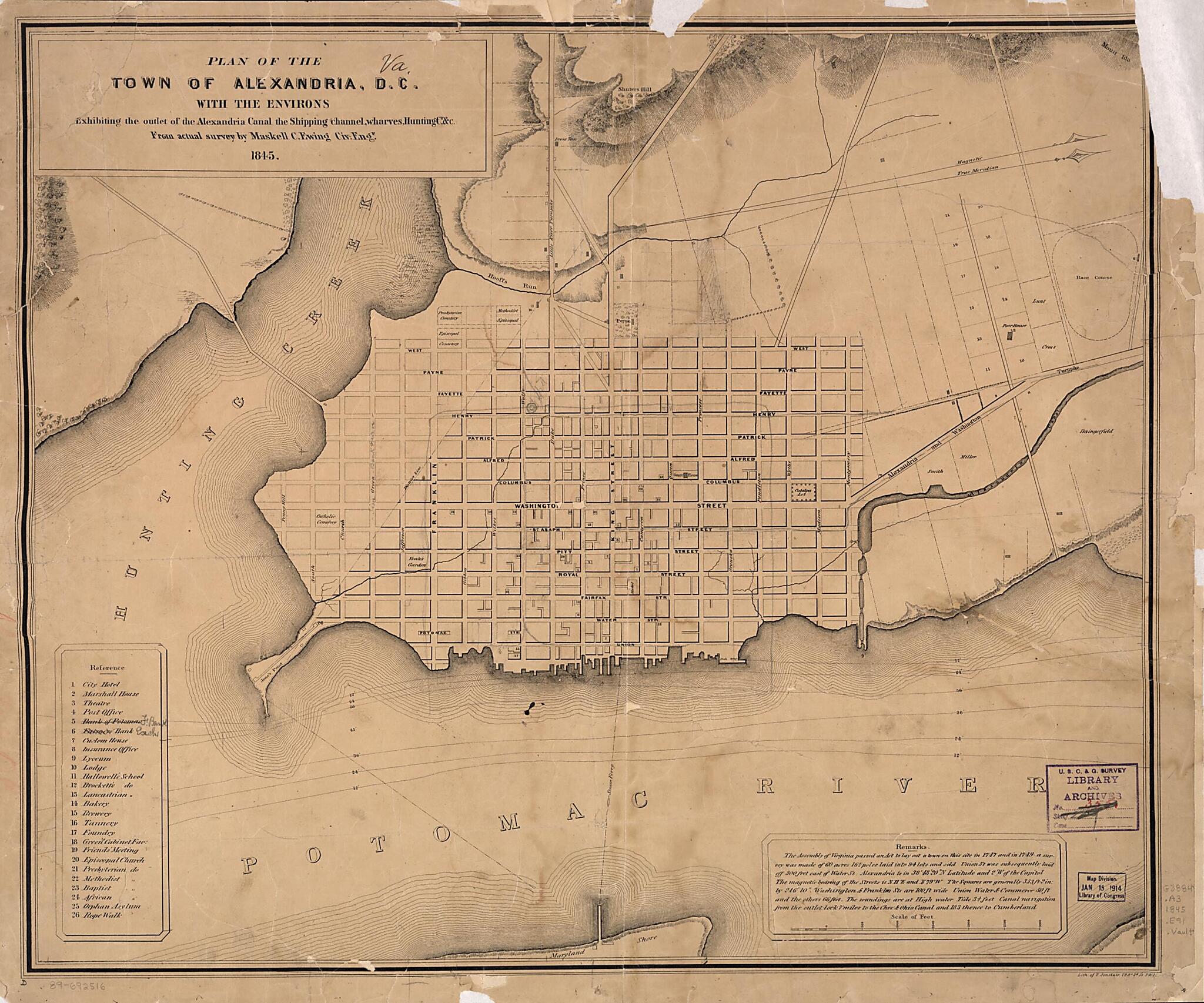 This old map of Plan of the Town of Alexandria, D.C. With the Environs : Exhibiting the Outlet of the Alexandria Canal, the Shipping Channel, Wharves, Hunting Cr. &c from 1845 was created by Maskell C. Ewing, T. (Thomas) Sinclair in 1845