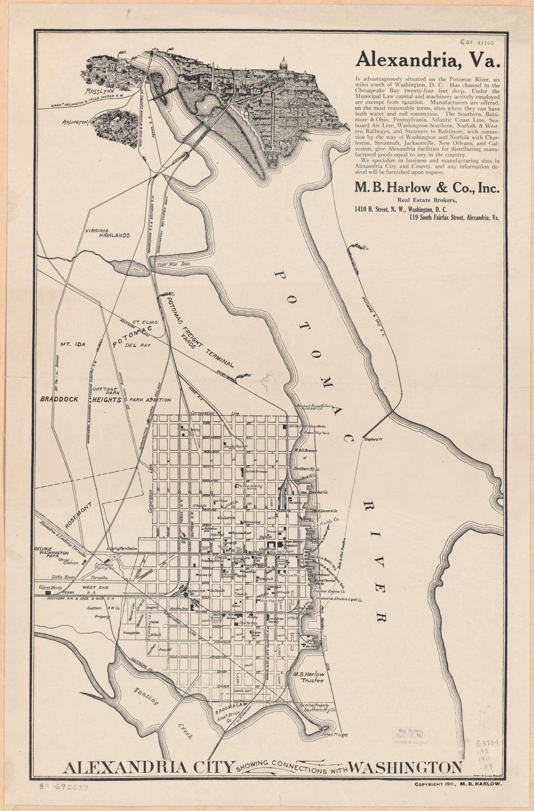 This old map of Alexandria City Showing Connections With Washington from 1911 was created by M. B. (Michael B.) Harlow, Howell & Taylor, M.B. Harlow & Co in 1911