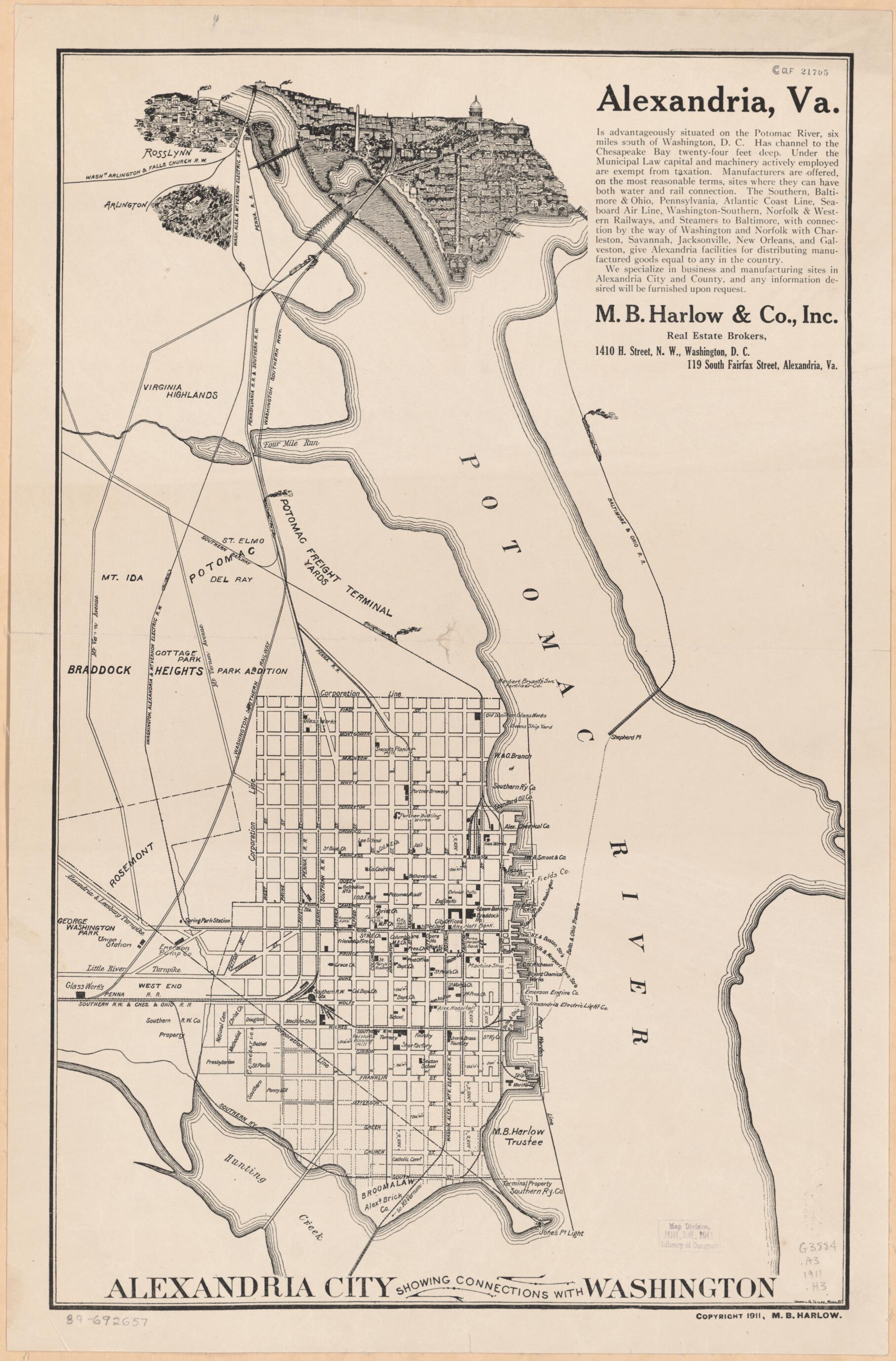 This old map of Alexandria City Showing Connections With Washington from 1911 was created by M. B. (Michael B.) Harlow, Howell & Taylor, M.B. Harlow & Co in 1911