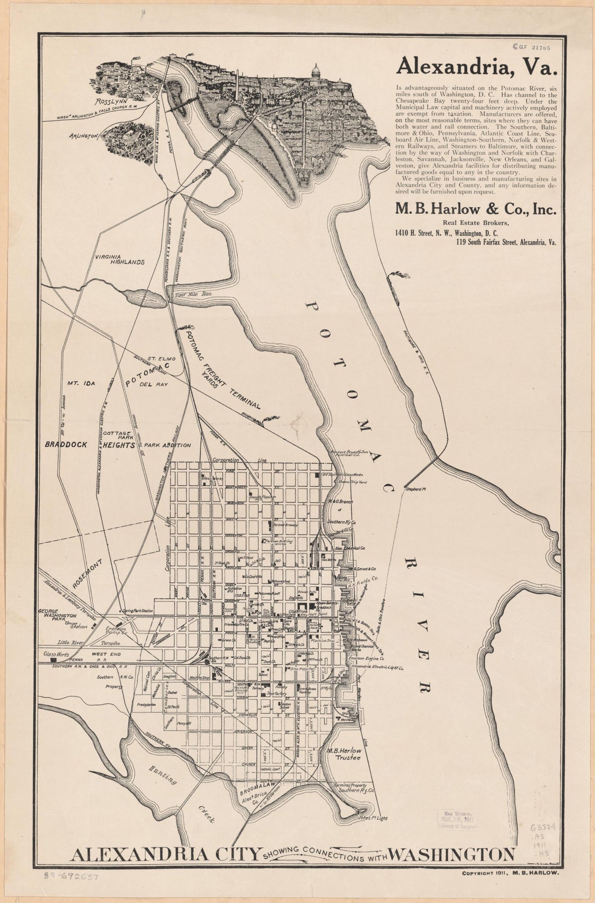 Alexandria City Showing Connections With Washington 1911 by Relic Map Company