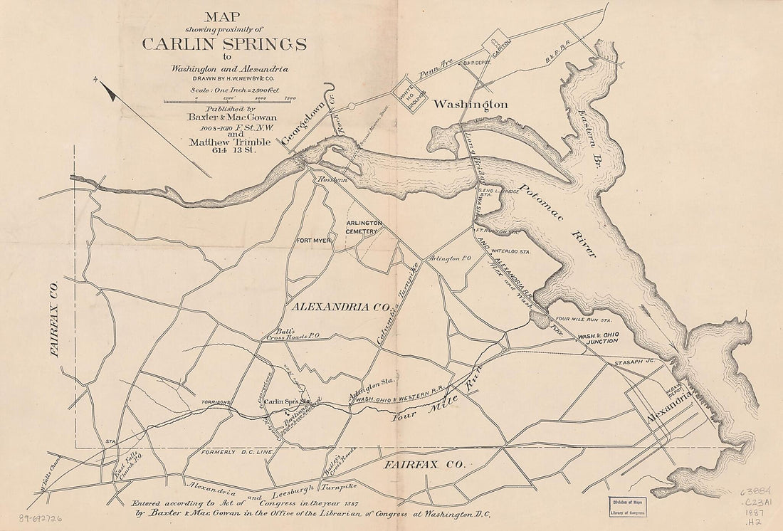 This old map of Map Showing Proximity of Carlin Springs to Washington and Alexandria from 1887 was created by Baxter & Macgowan, H.W. Newby & Co, Matthew Trimble in 1887