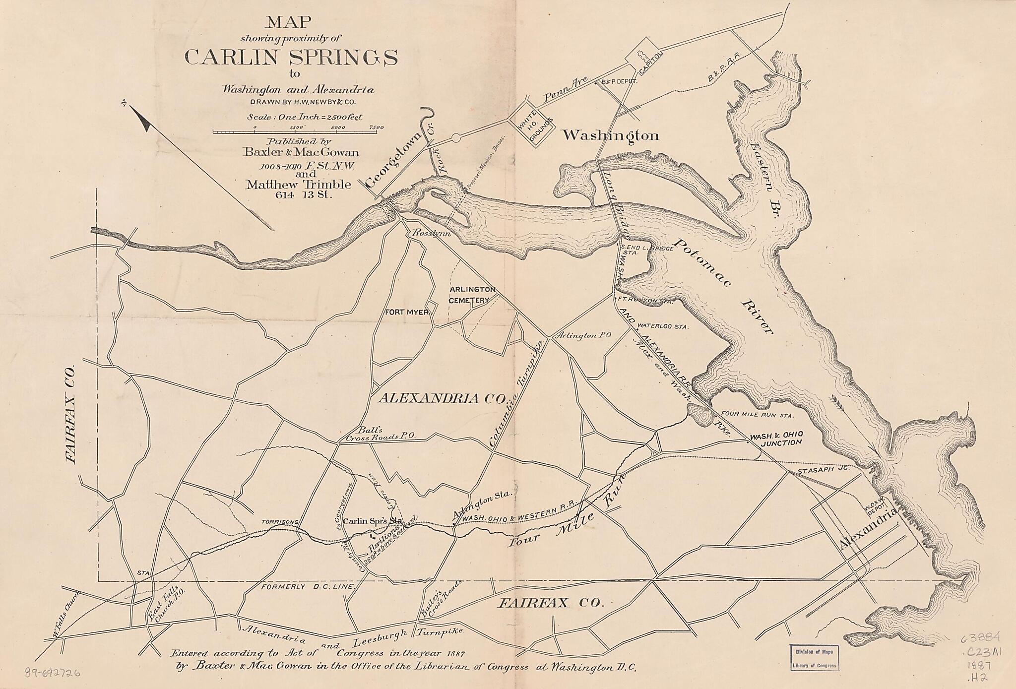 This old map of Map Showing Proximity of Carlin Springs to Washington and Alexandria from 1887 was created by Baxter & Macgowan, H.W. Newby & Co, Matthew Trimble in 1887