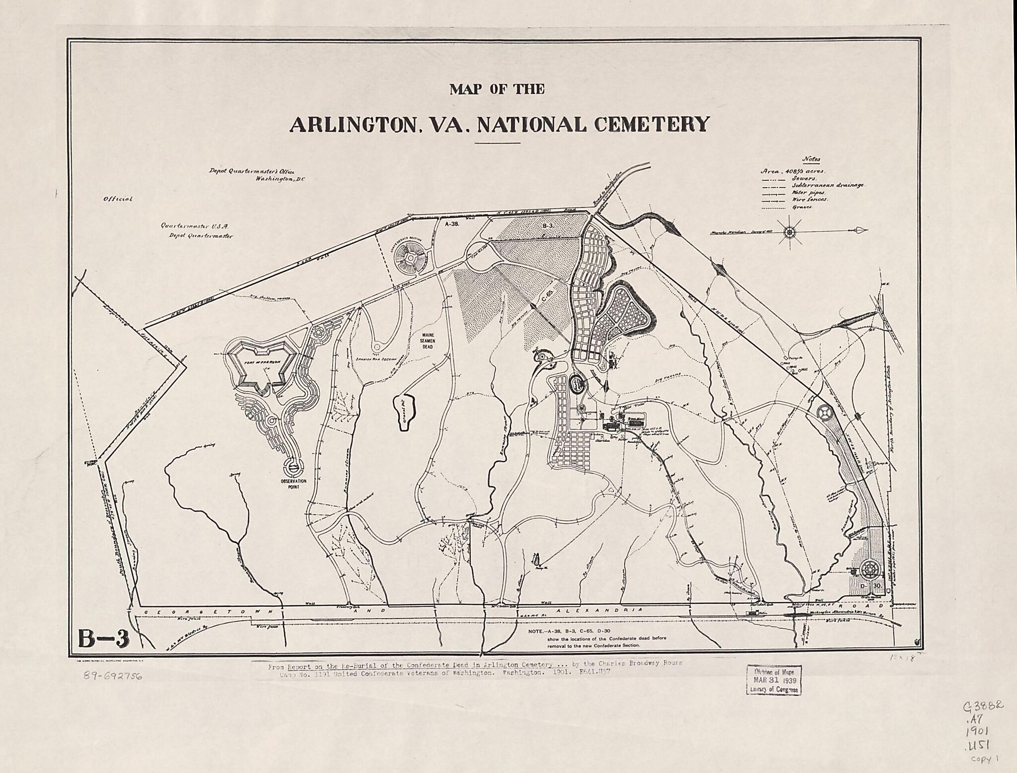 This old map of Map of the Arlington, Va. National Cemetery from 1901 was created by Norris Peters Co, D.C. Division. Charles Broadway Rouss Camp No United Confederate Veterans. Washington, United States. Army. Quartermaster Corps. Depot Quartermaster&