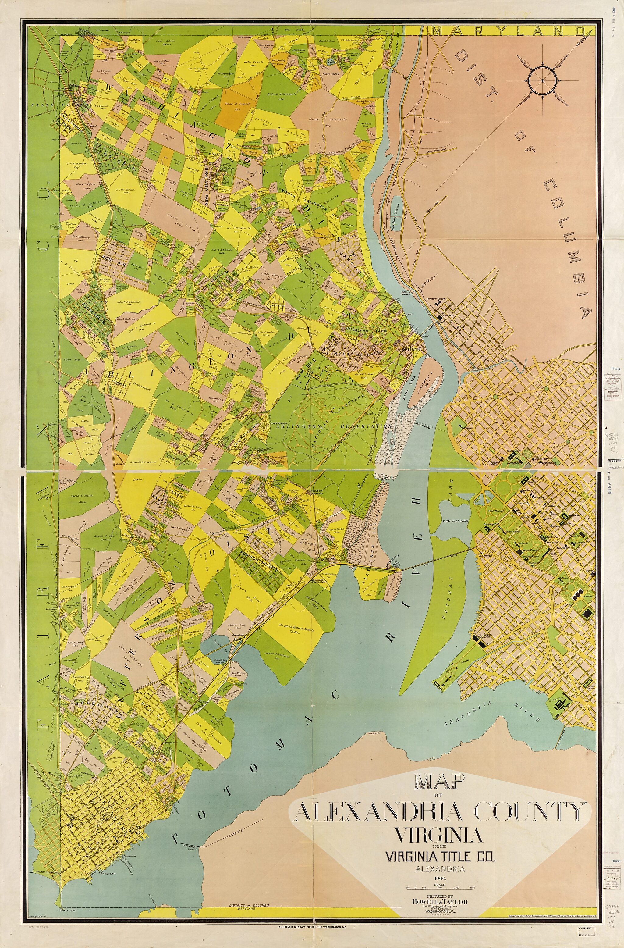 This old map of Map of Alexandria County, Virginia for the Virginia Title Co from 1900 was created by Andrew B. Graham, Howell & Taylor, G. P. (Gustave P.) Strum, Virginia Title Co in 1900
