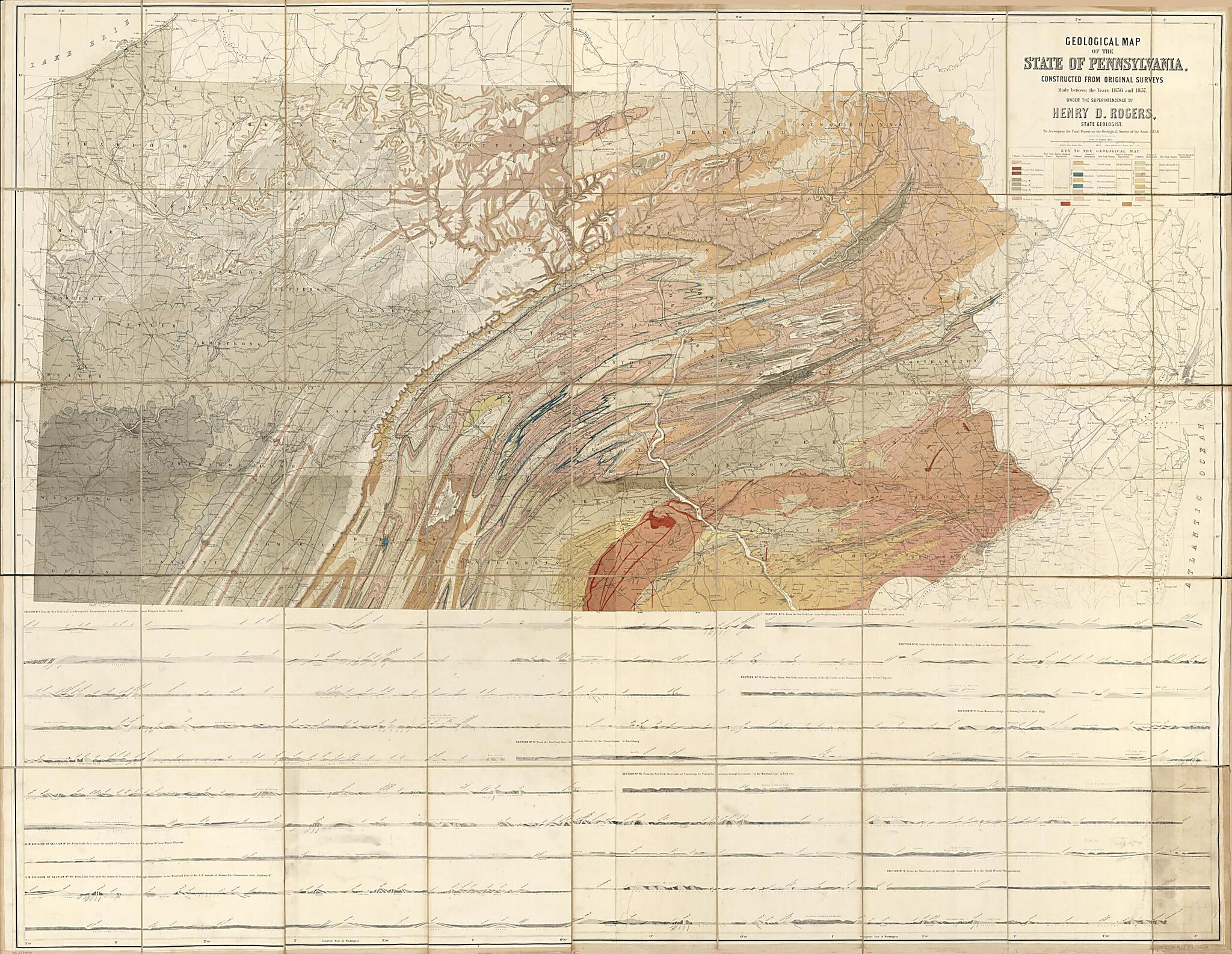 This old map of Geological Map of the State of Pennsylvania : Constructed from Original Surveys Made Between 1836 and from 1857 was created by Geological Survey of Pennsylvania, Henry D. (Henry Darwin) Rogers, W. & A.K. Johnston Limited in 1857