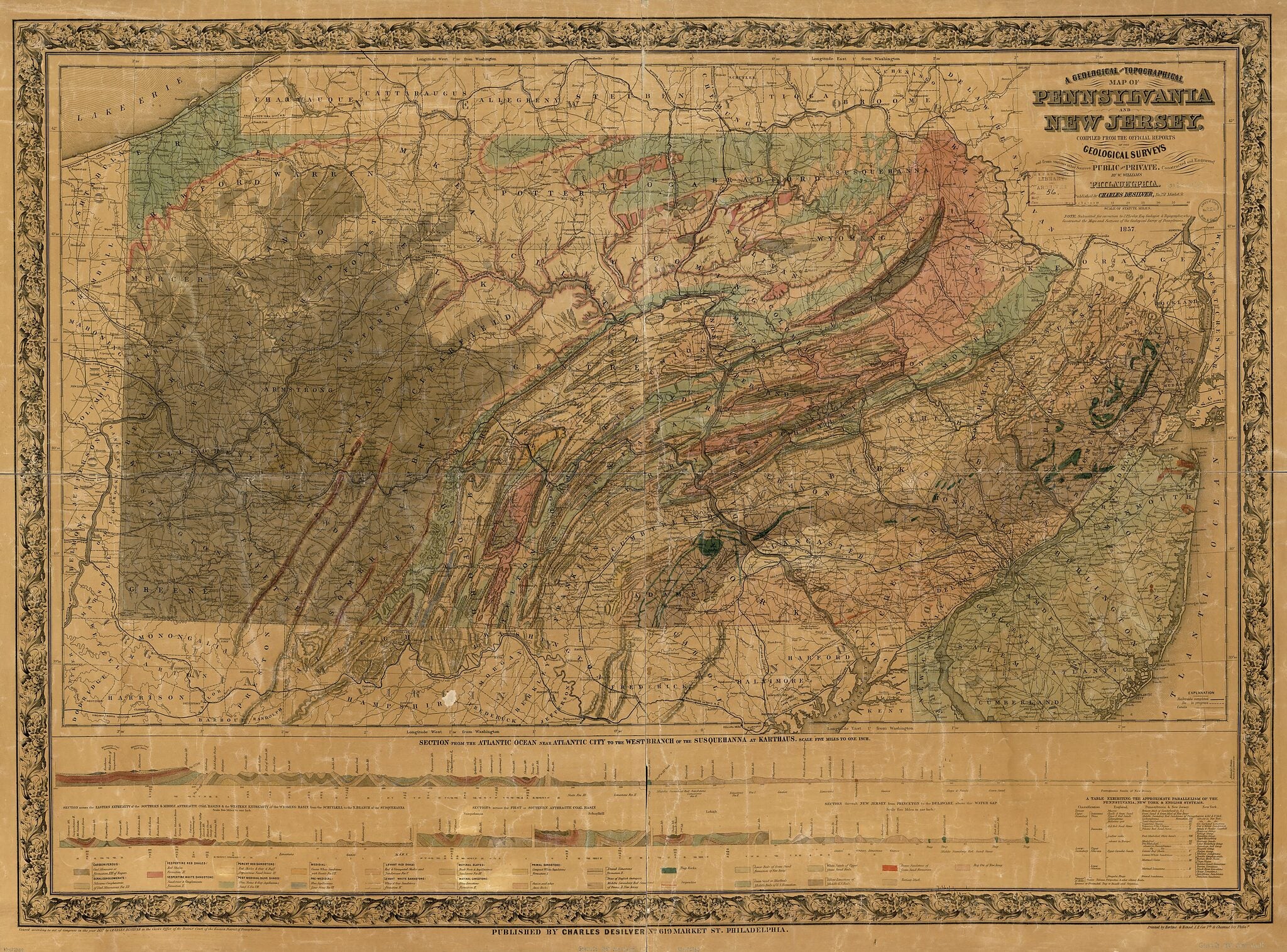 This old map of A Geological and Topographical Map of Pennsylvania and New Jersey : Compiled from the Official Reports of the Geological Surveys and from Various Other Sources Public and Private from 1857 was created by Charles Desilver, Herline & Hense