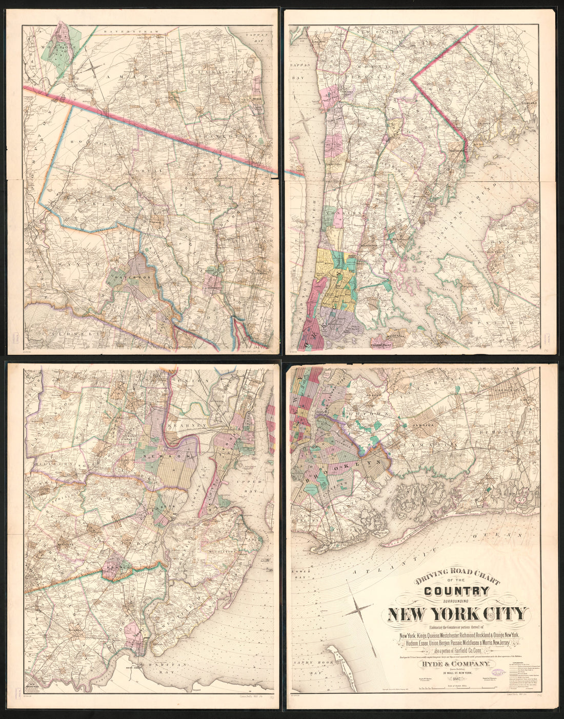 This old map of Driving Road Chart of the Country Surrounding New York City : Embracing the Counties (or Portions Thereof) of New York, Kings, Queens, Westchester, Richmond, Rockland & Orange, New York, Hudson, Essex, Union, Bergen, Passaic, Middlesex &