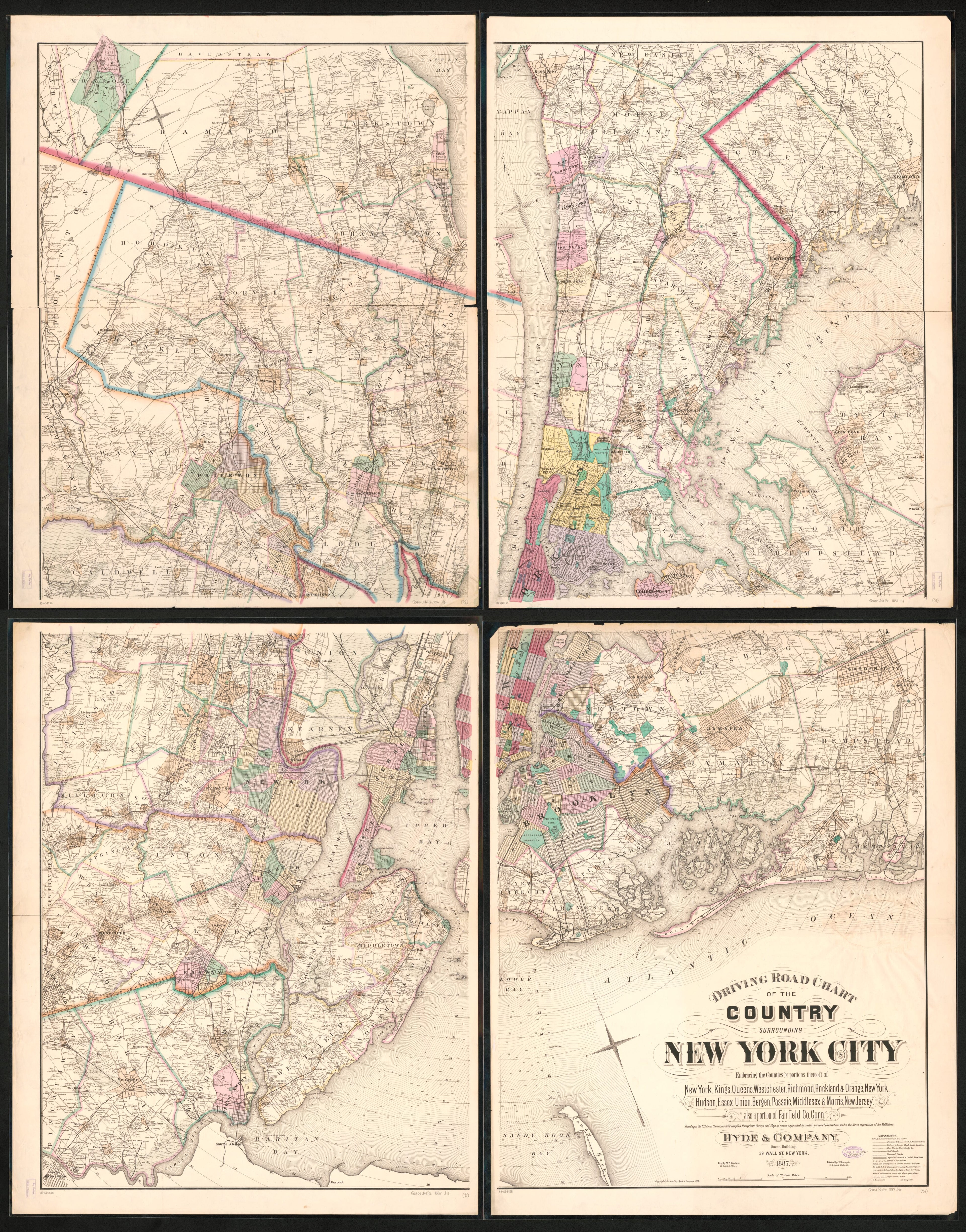 This old map of Driving Road Chart of the Country Surrounding New York City : Embracing the Counties (or Portions Thereof) of New York, Kings, Queens, Westchester, Richmond, Rockland & Orange, New York, Hudson, Essex, Union, Bergen, Passaic, Middlesex &