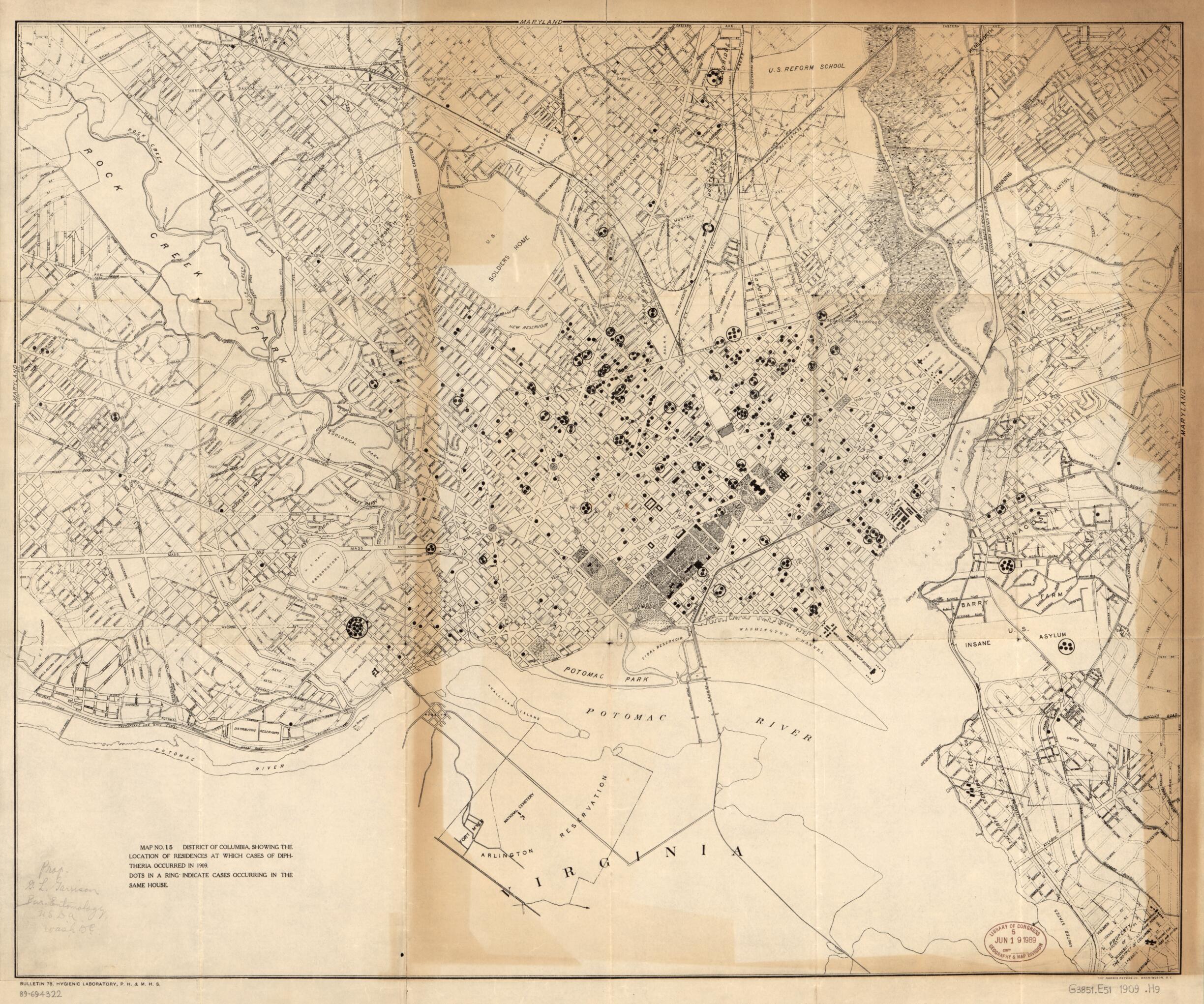 This old map of Map No. 15, District of Columbia, Showing the Location of Residences at Which Cases of Diphtheria Occurred In from 1909 was created by Hygienic Laboratory (U.S.) in 1909