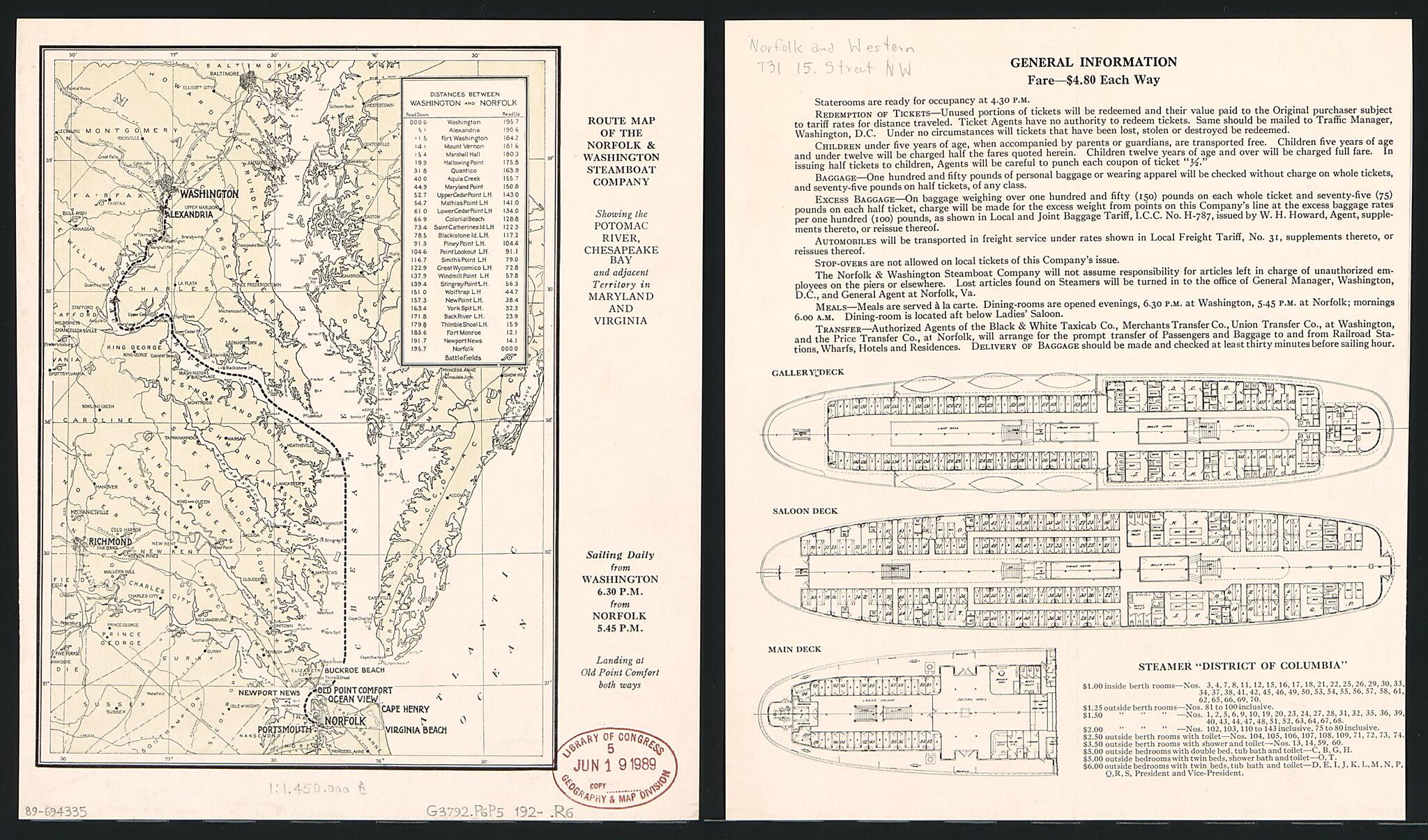 This old map of Route Map of the Norfolk & Washington Steamboat Company : Showing the Potomac River, Chesapeake Bay, and Adjacent Territory In Maryland and Virginia from 1920 was created by Norfolk and Washington Steamboat Company in 1920