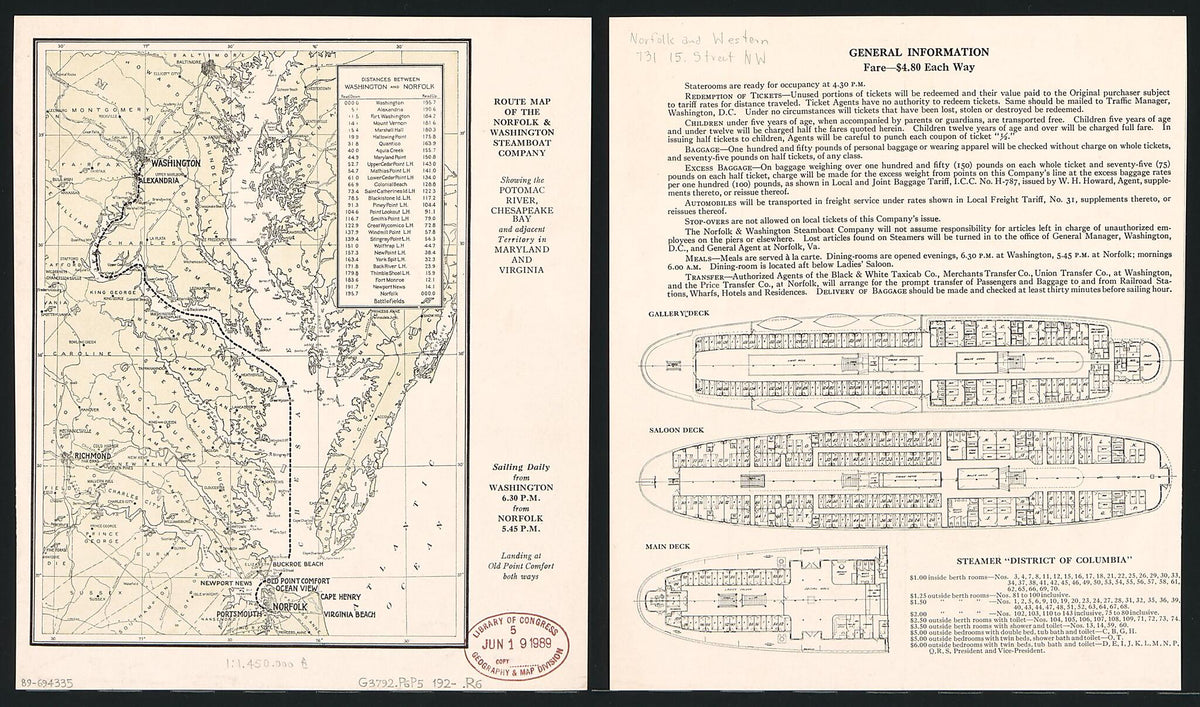 Route Map of the Norfolk & Washington Steamboat Company : Showing the Potomac River, Chesapeake Bay, and Adjacent Territory In Maryland and Virginia 1920 by Relic Map Company