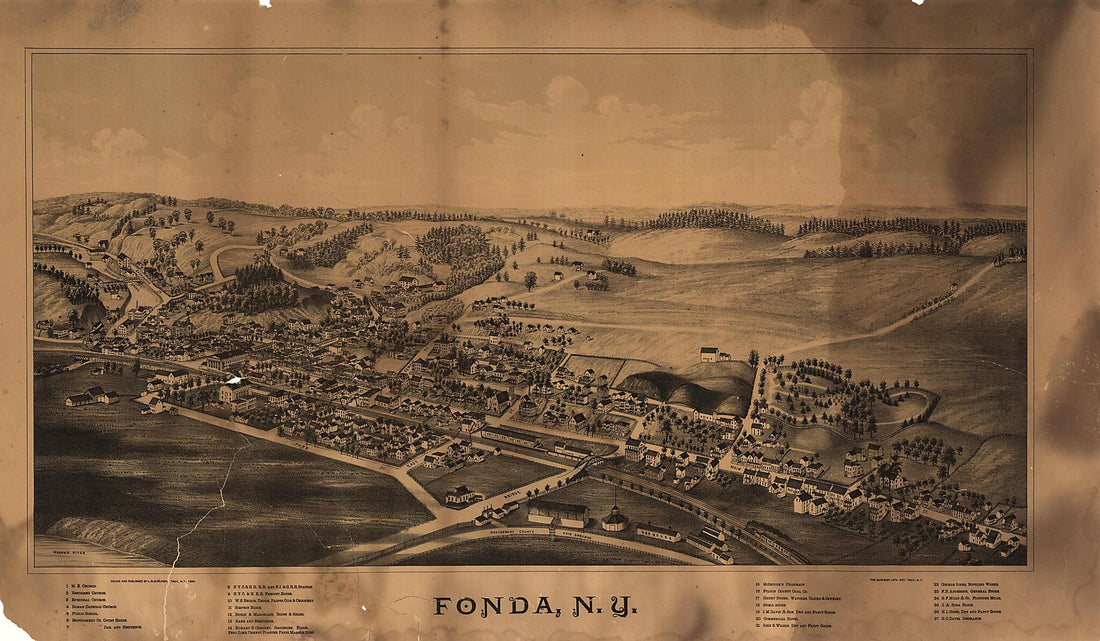 This old map of Fonda, New York from 1889 was created by Burleigh Litho, L. R. (Lucien R.) Burleigh in 1889