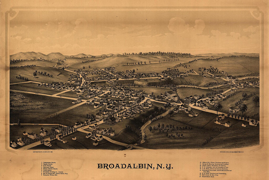 This old map of Broadalbin, New York from 1880 was created by Burleigh Litho, L. R. (Lucien R.) Burleigh in 1880