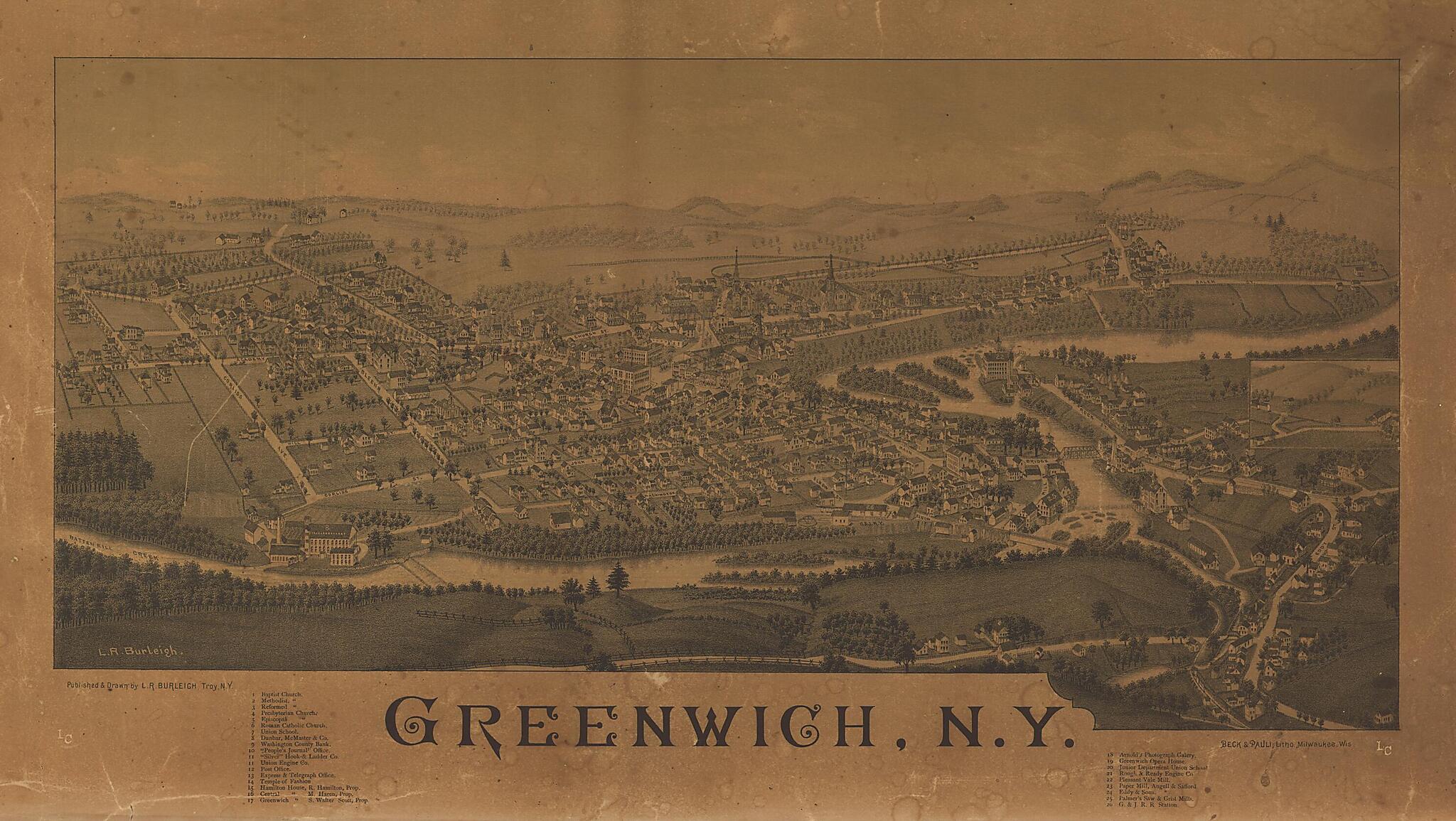 This old map of Greenwich, New York from 1885 was created by Beck & Pauli, L. R. (Lucien R.) Burleigh in 1885