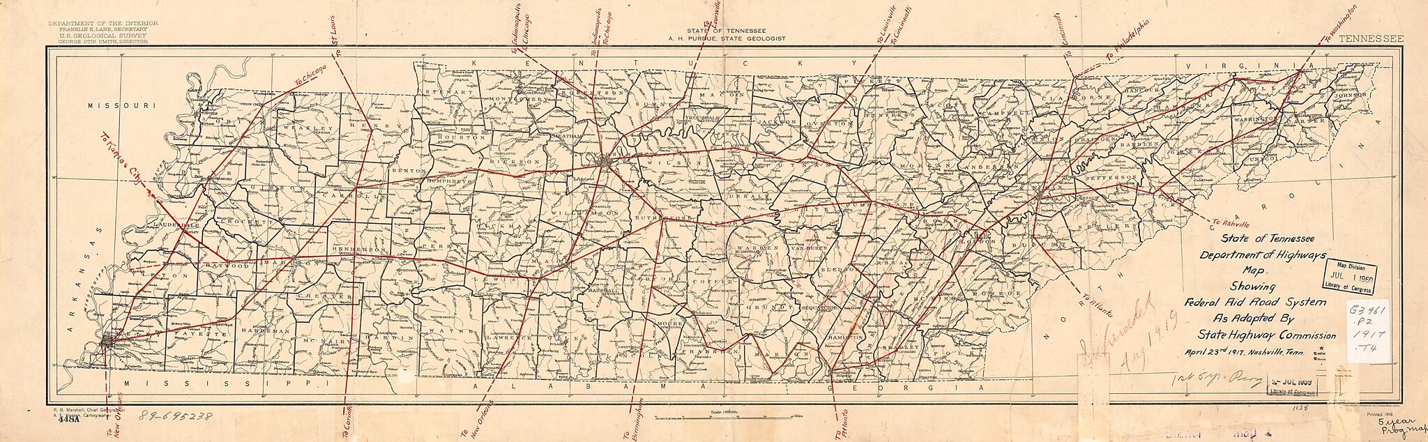 This old map of Map Showing Federal Aid Road System As Adapted by State Highway Commission, April 23rd from 1917, Nashville, Tenn was created by Tennessee. Department of Highways, Tennessee. State Highway Commission in 1917