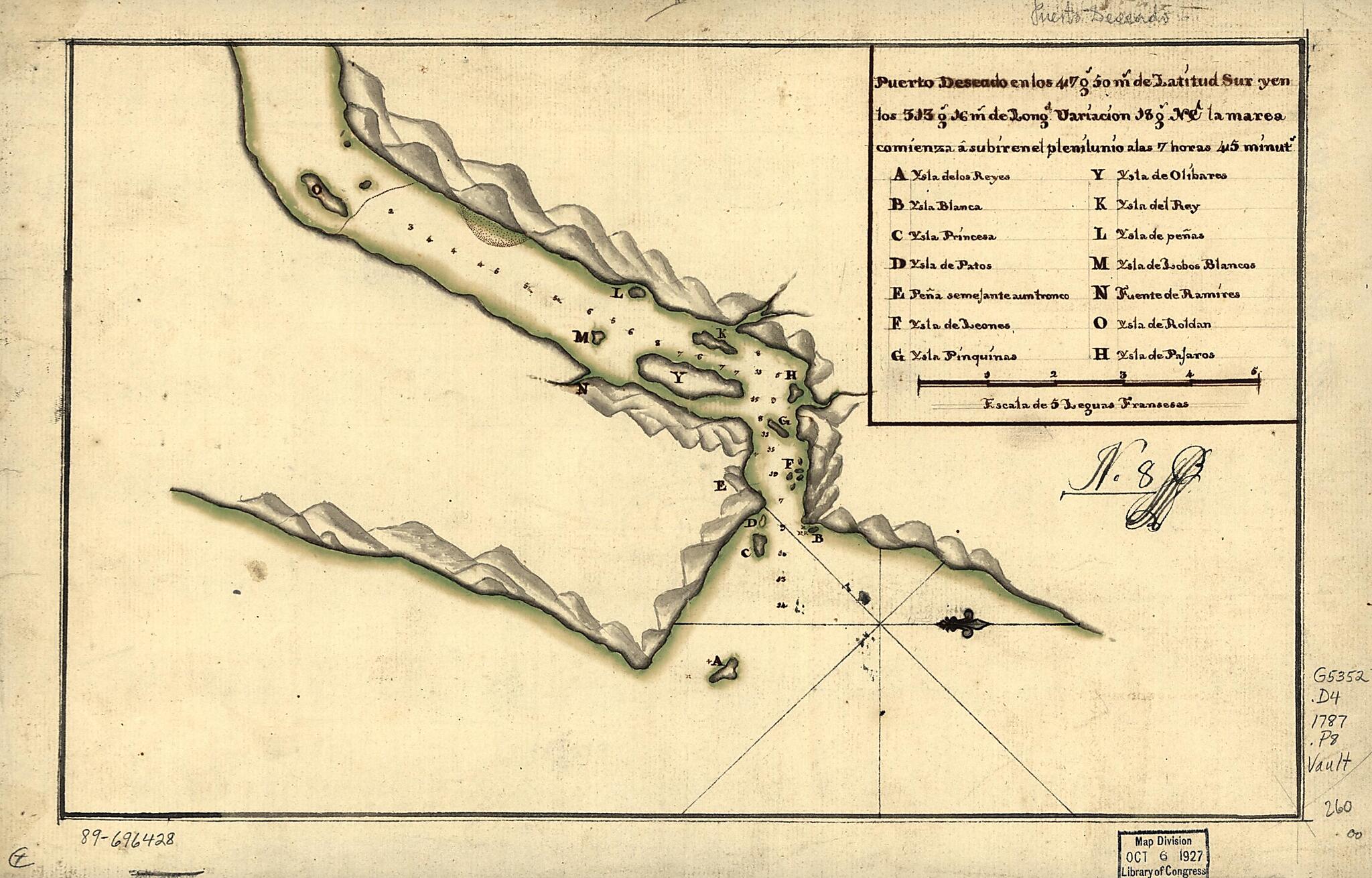 This old map of Puerto Deseado En Los 47 Gs. 50 Ms. De Latitud Sur Y En Los 313 Gs. 16 Ms. De Longd., Variación 18 Gs. NE La Marea Comienza à Subiren El Plenilunio Alas 7 Horas 45 Minuts from 1787 was created by in 1787