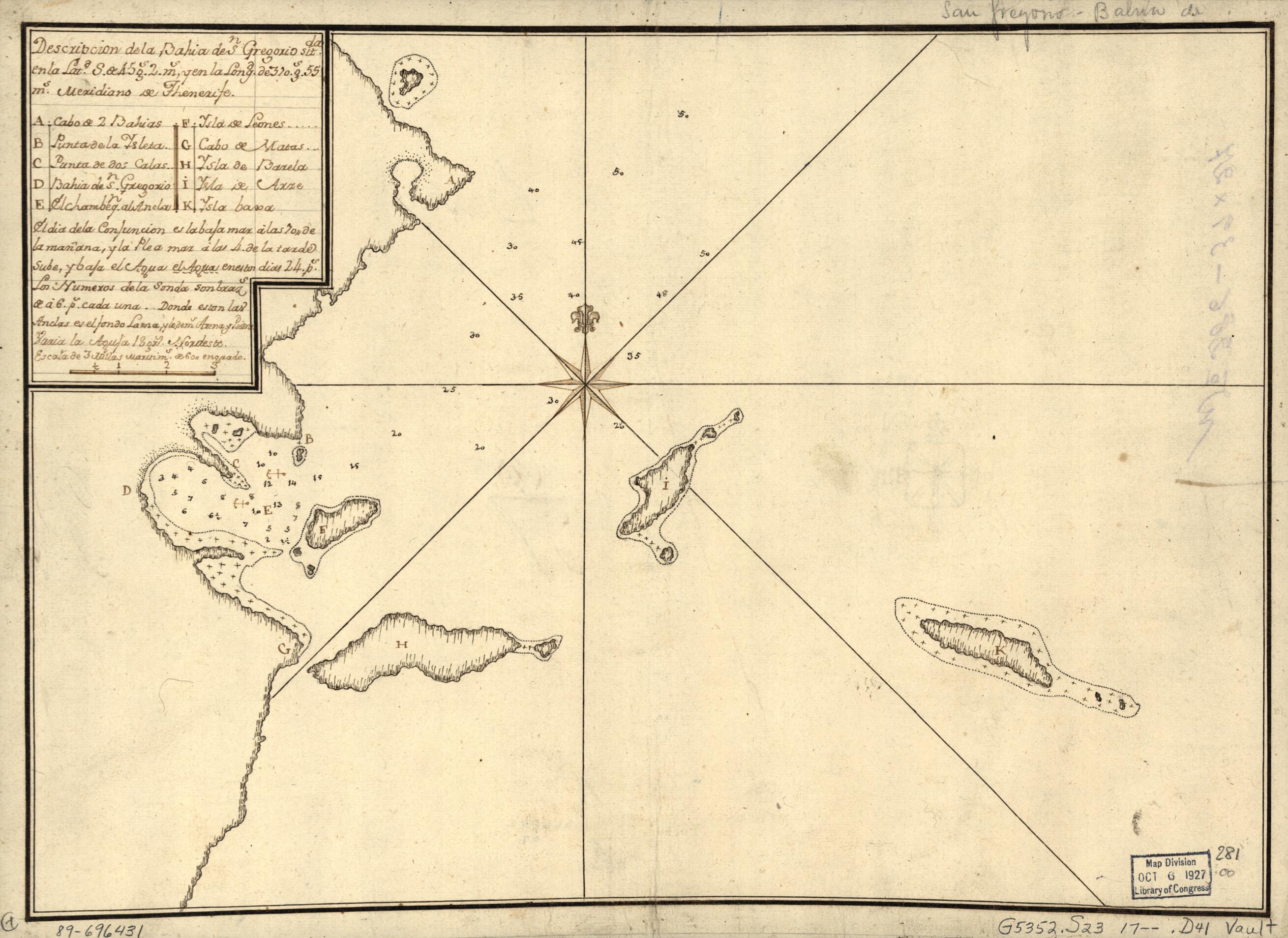 This old map of Descripción De La Bahía De Sn. Gregorio Sitda. En La Latd. S. De 45 Gs. 2. Ms. Y En La Longd. De 310. Gs. 55 Ms., Meridians De Thenerife from 1700 was created by in 1700