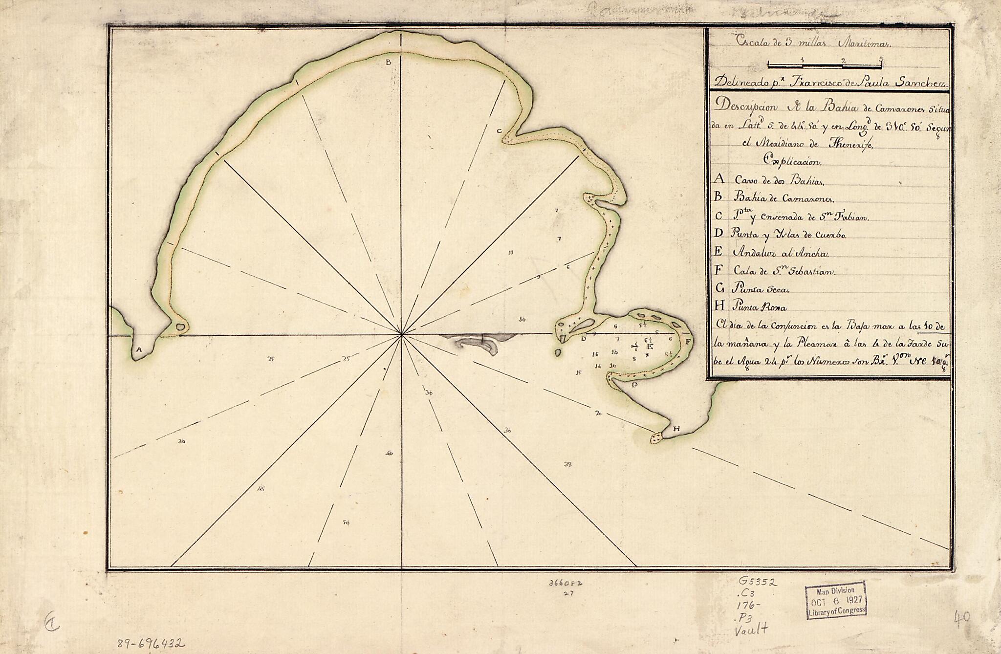 This old map of Descripción De La Bahía De Camarones Situada En Lattd. S. De 44⁰ 50ʹ Y En Longd. De 310⁰ 50ʹ Según El Meridiano De Thenerife from 1760 was created by Francisco De Paula Sánchez in 1760
