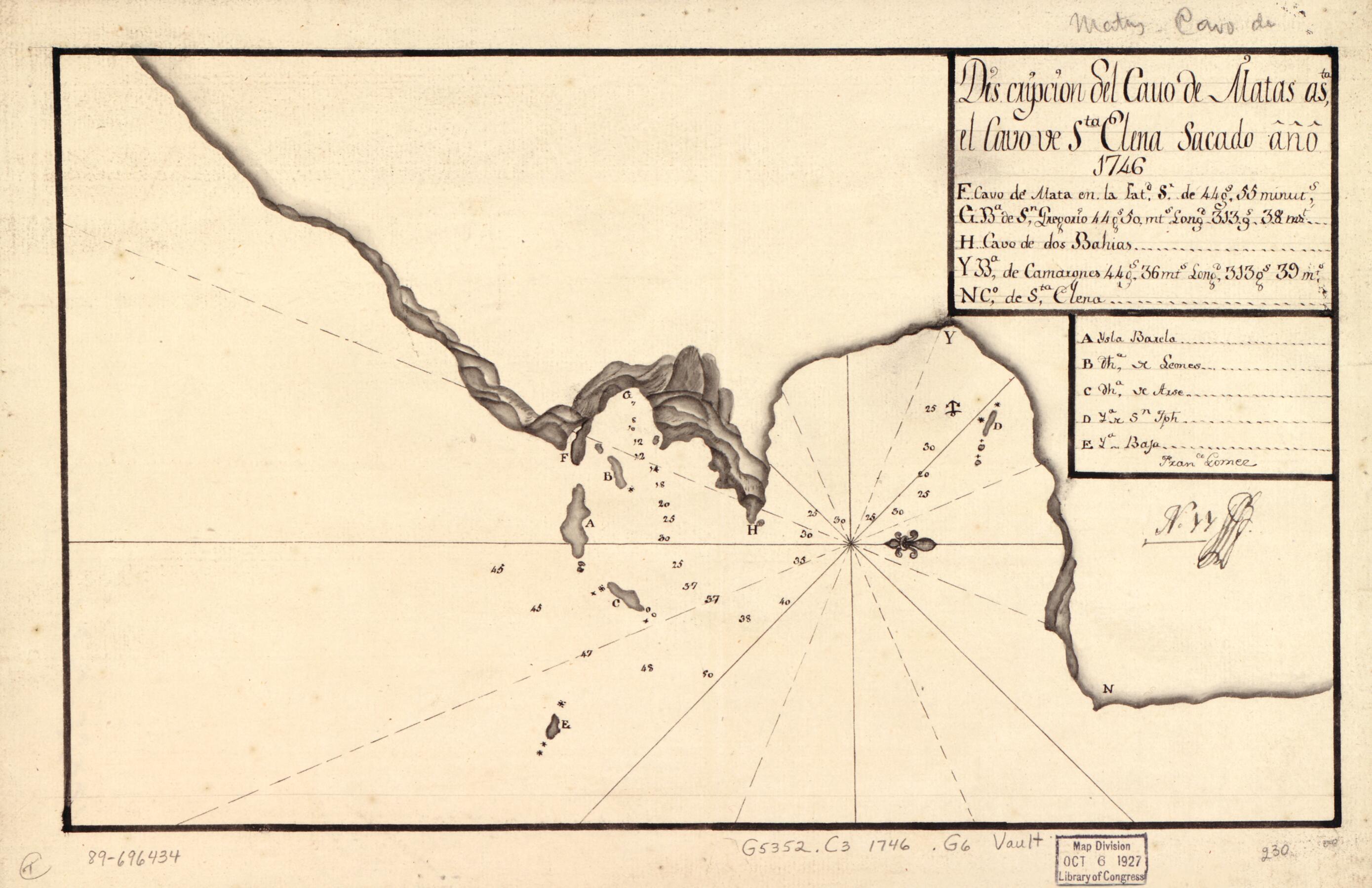 This old map of Discripción Del Cauo De Matas Asta., El Cauo De Sta. Elena, Sacado Año from 1746 was created by Francisco Gómez in 1746