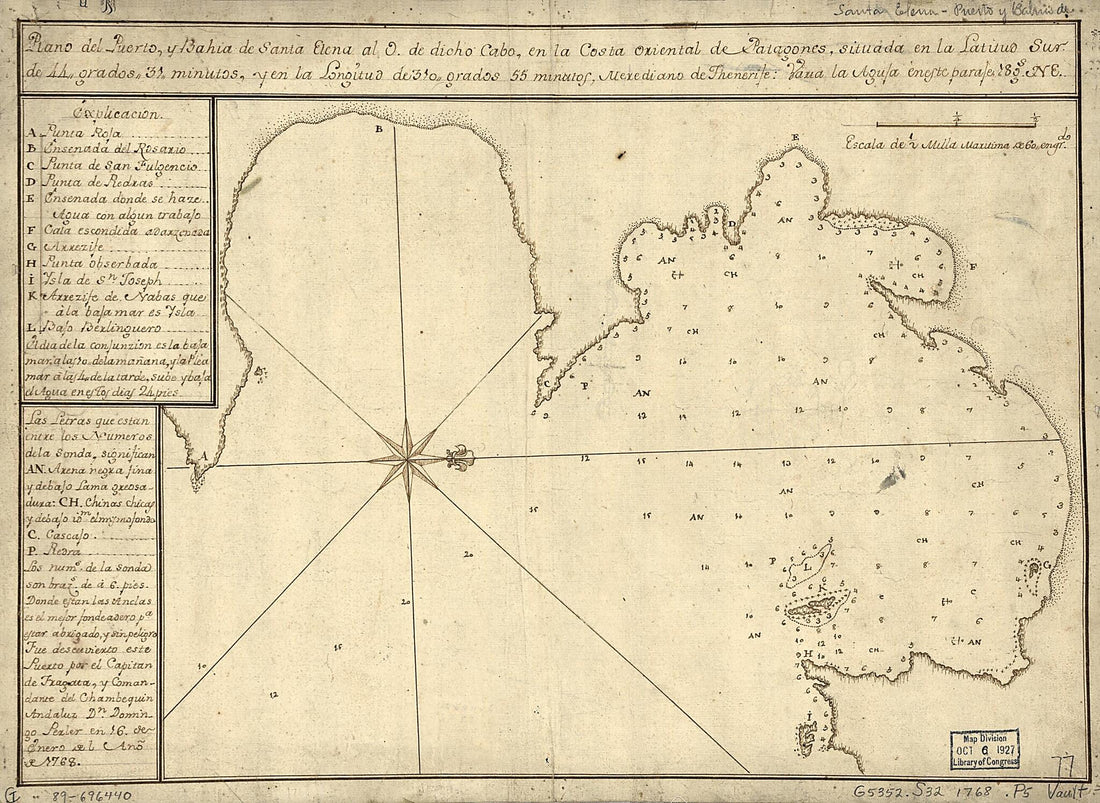 This old map of Plano Del Puerto Y Bahía De Santa Elena Al O. De Dicho Cabo, En La Costa Oriental De Patagones, Situada En La Latitud Sur De 44 Grados 37 Minutos Y En La Longitud De 310 Grados 55 Minutos, Merediano De Thenerife, Varia La Agufa En Este P