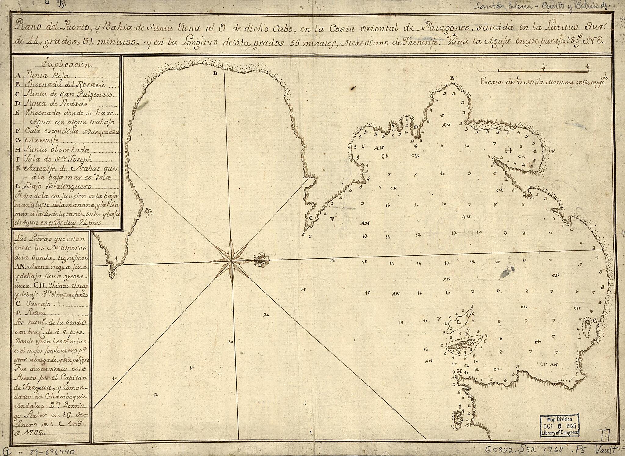 This old map of Plano Del Puerto Y Bahía De Santa Elena Al O. De Dicho Cabo, En La Costa Oriental De Patagones, Situada En La Latitud Sur De 44 Grados 37 Minutos Y En La Longitud De 310 Grados 55 Minutos, Merediano De Thenerife, Varia La Agufa En Este P