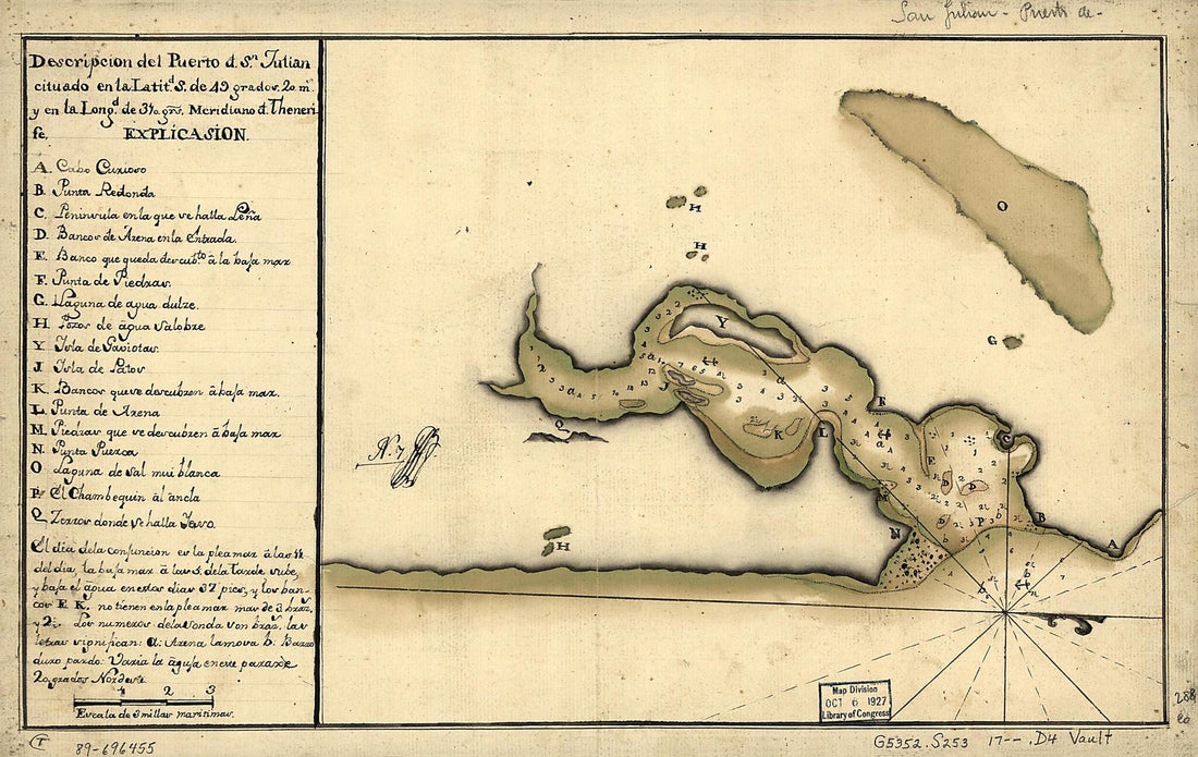 This old map of Descripción Del Puerto D. Sn. Julián Cituado En La Latitd. S. De 49 Grados 20 Ms. Y En La Longd. De 310 Grs., Meridiano D. Thenerife from 1700 was created by in 1700